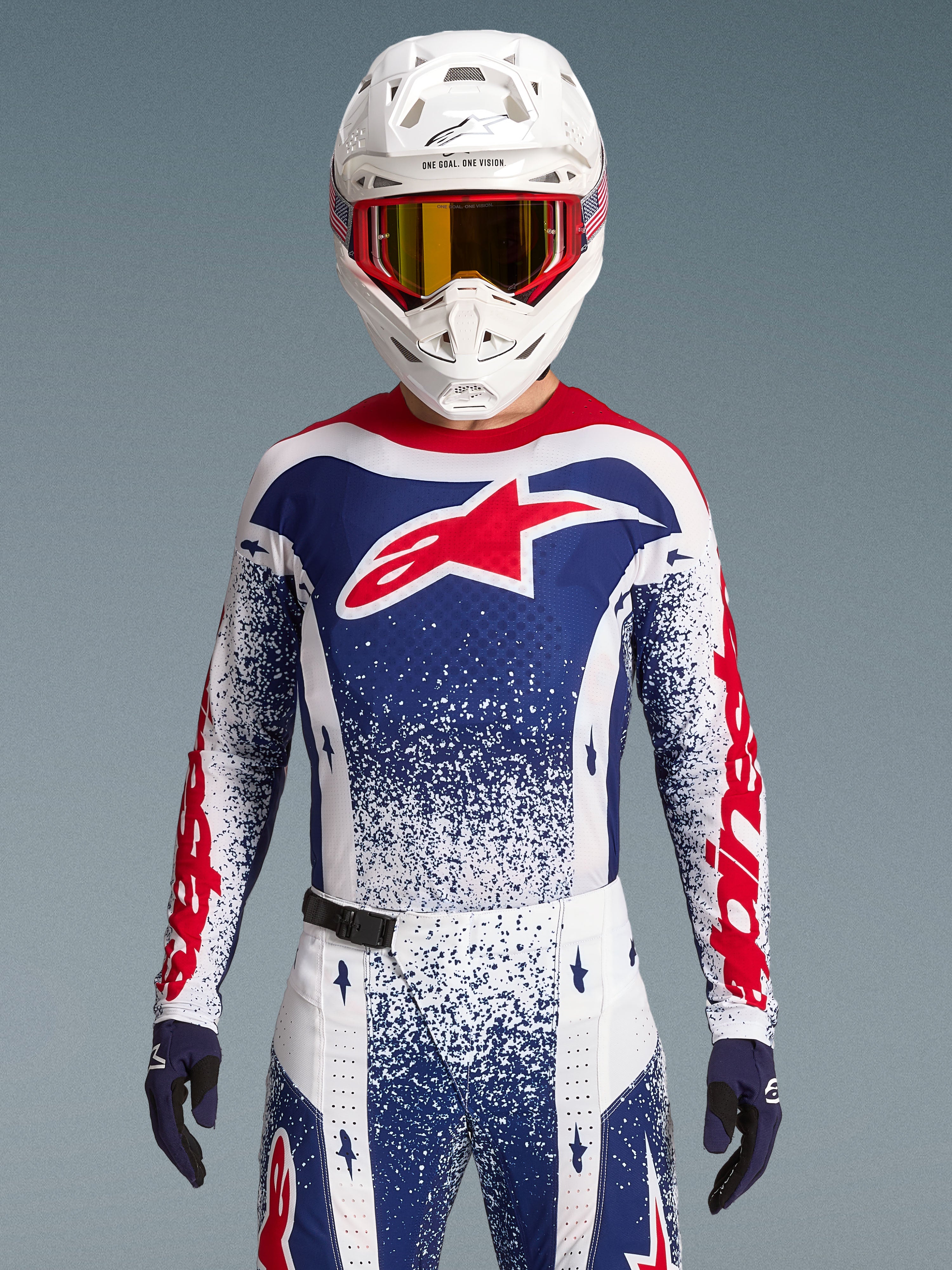 Alpinestars Techstar Unity Trikot, Limited Edition Motocross-Oberteil, Rot, Weiß und Blau, athletische Race-Passform.
