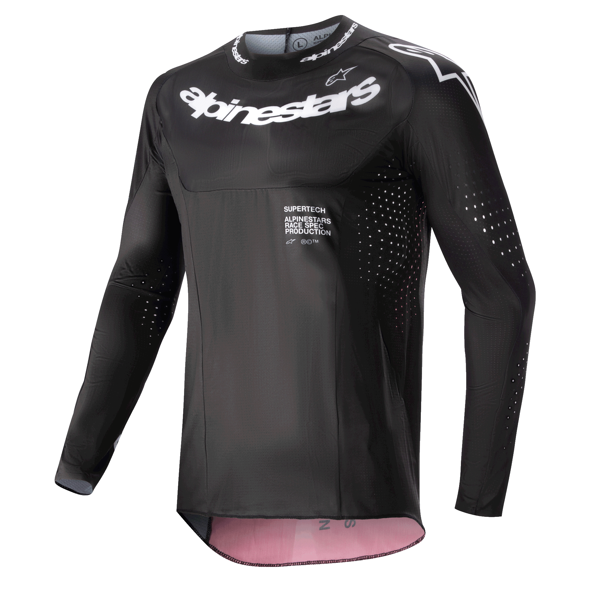 Alpinestars 2024 Supertech Ward Jersey, Motocross-Trikot, Schwarz und Red Berry, mit weißen Alpinestars-Logos auf Brust und Kragen, lasergeschnittenen Belüftungsperforationen an Ärmeln und Seiten, Performance-Rennpassform mit Innenakzenten in Red Berry