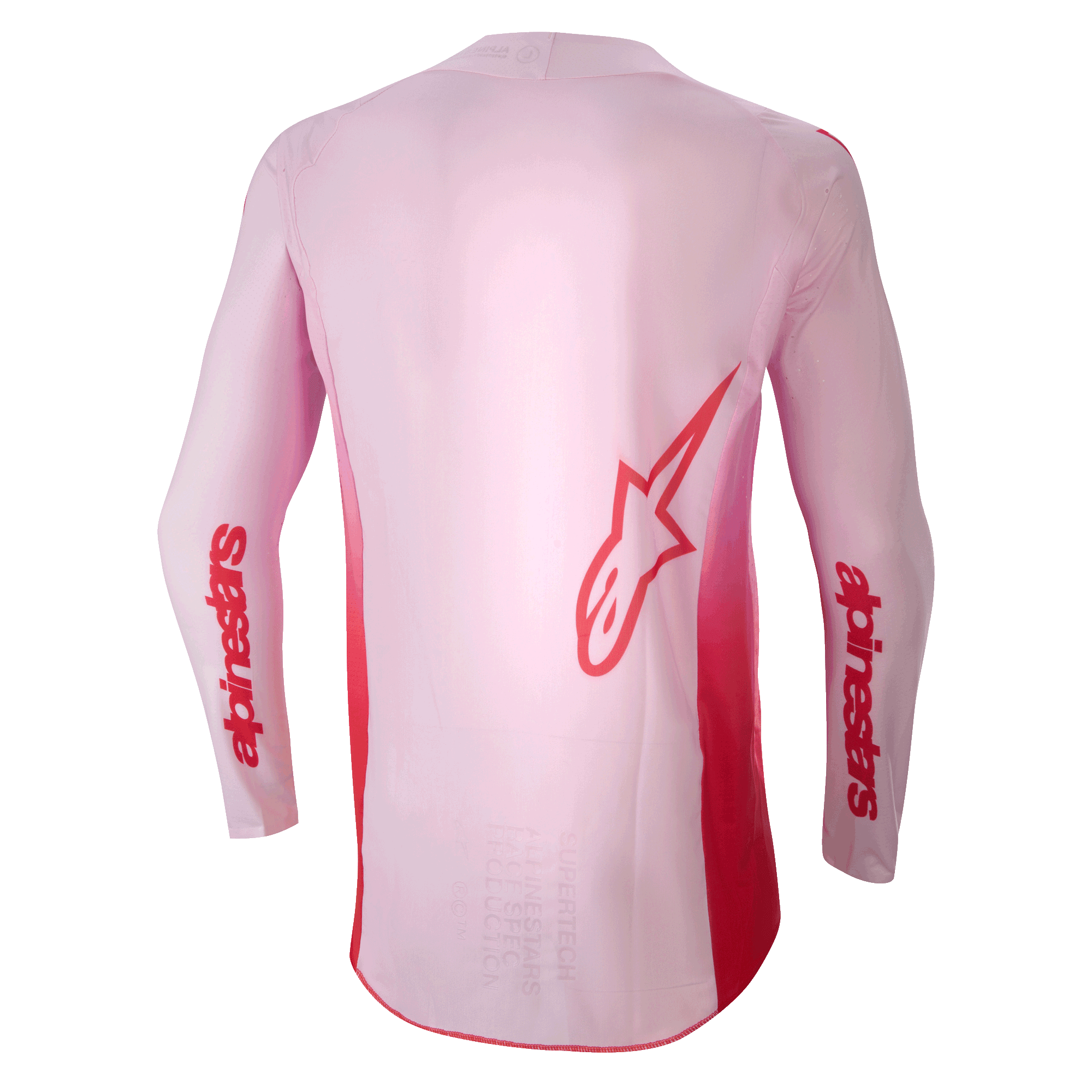 Alpinestars 2024 Supertech Dade Jersey, Motocross-Trikot, Red Berry Lilac, Rückansicht mit großem roten Astar-Logo auf dem Rücken und rotem Alpinestars-Branding auf den Ärmeln, leichte Stretch-Mesh-Konstruktion mit verlängerter Rückenpartie für Offroad-Performance.