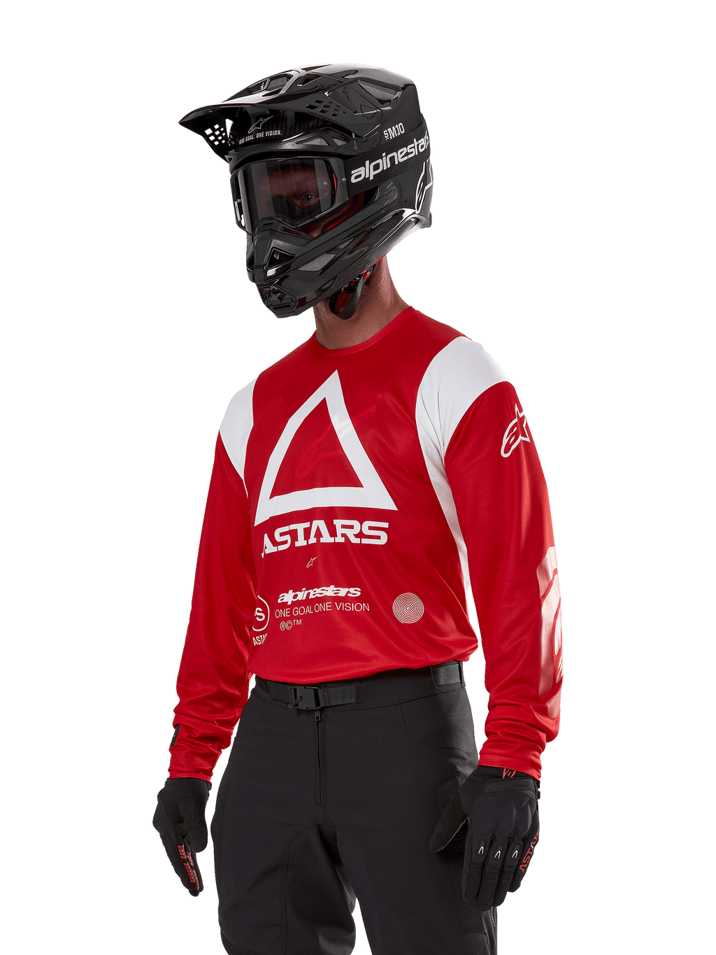 Alpinestars Techdura Jersey, Motocross Jersey, Bright Red and White, featuring a bold white triangle design and ASTARS branding, worn with a black helmet and gloves, durable and moisture-wicking off-road racing gear