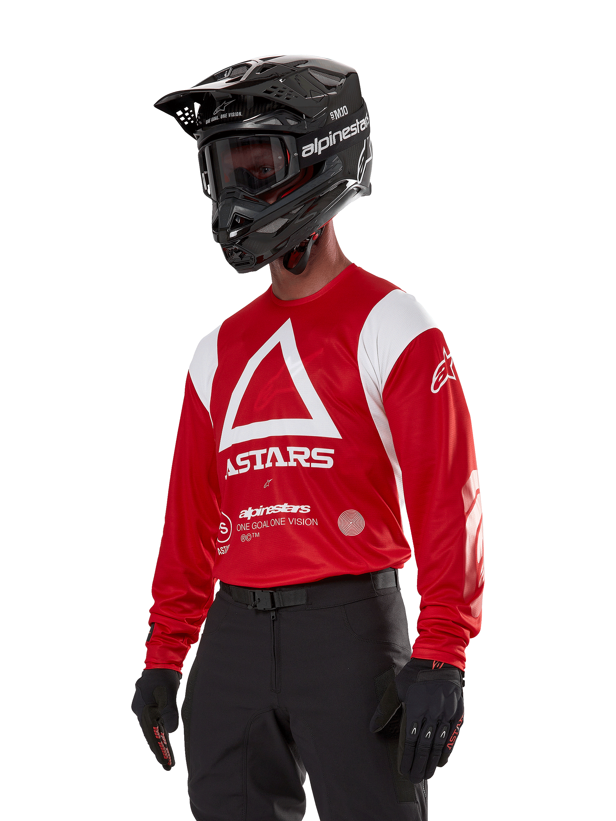 Alpinestars Techdura Jersey, Motocross Jersey, Bright Red and White, featuring a bold white triangle design and ASTARS branding, worn with a black helmet and gloves, durable and moisture-wicking off-road racing gear