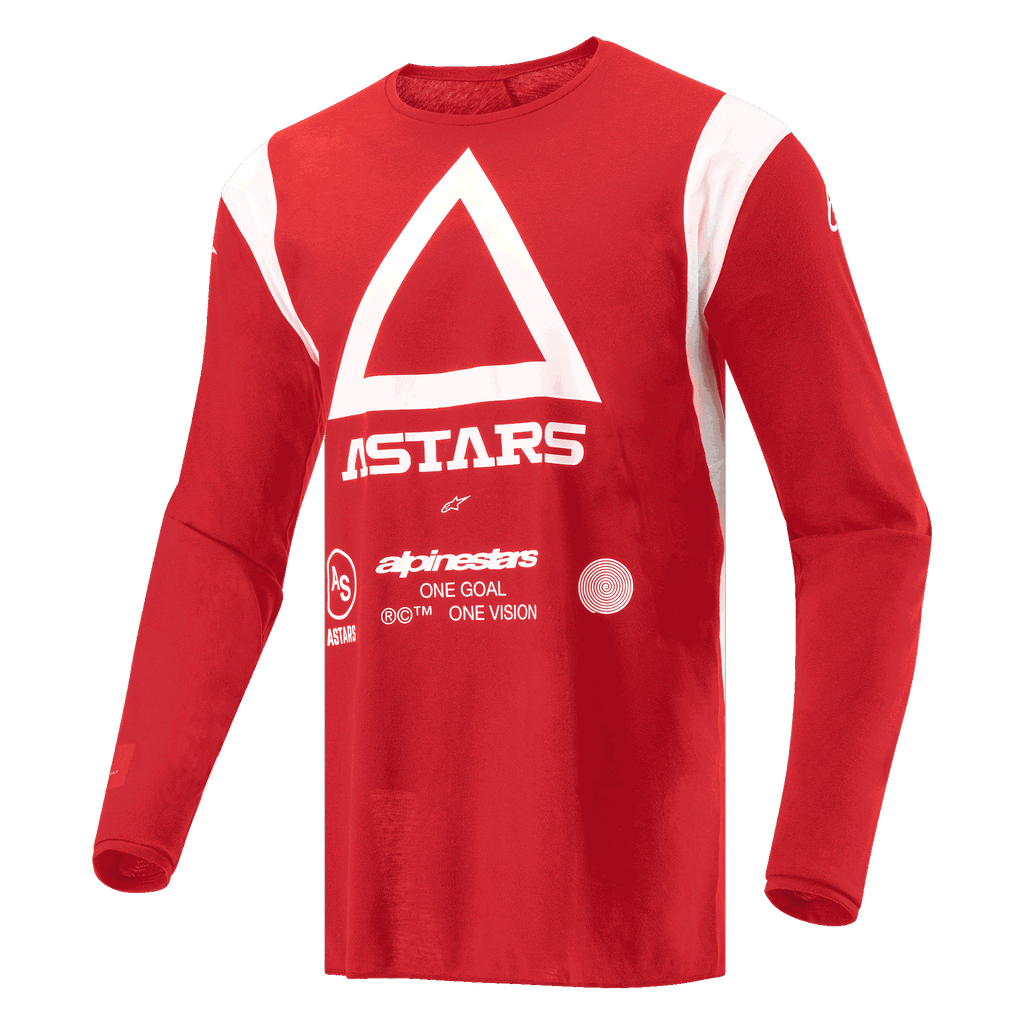 Alpinestars Techdura Jersey, Motocross and Enduro Jersey, Bright Red, featuring white triangle and ASTARS branding on the chest, long-sleeve moisture-wicking poly-fabric for off-road riding