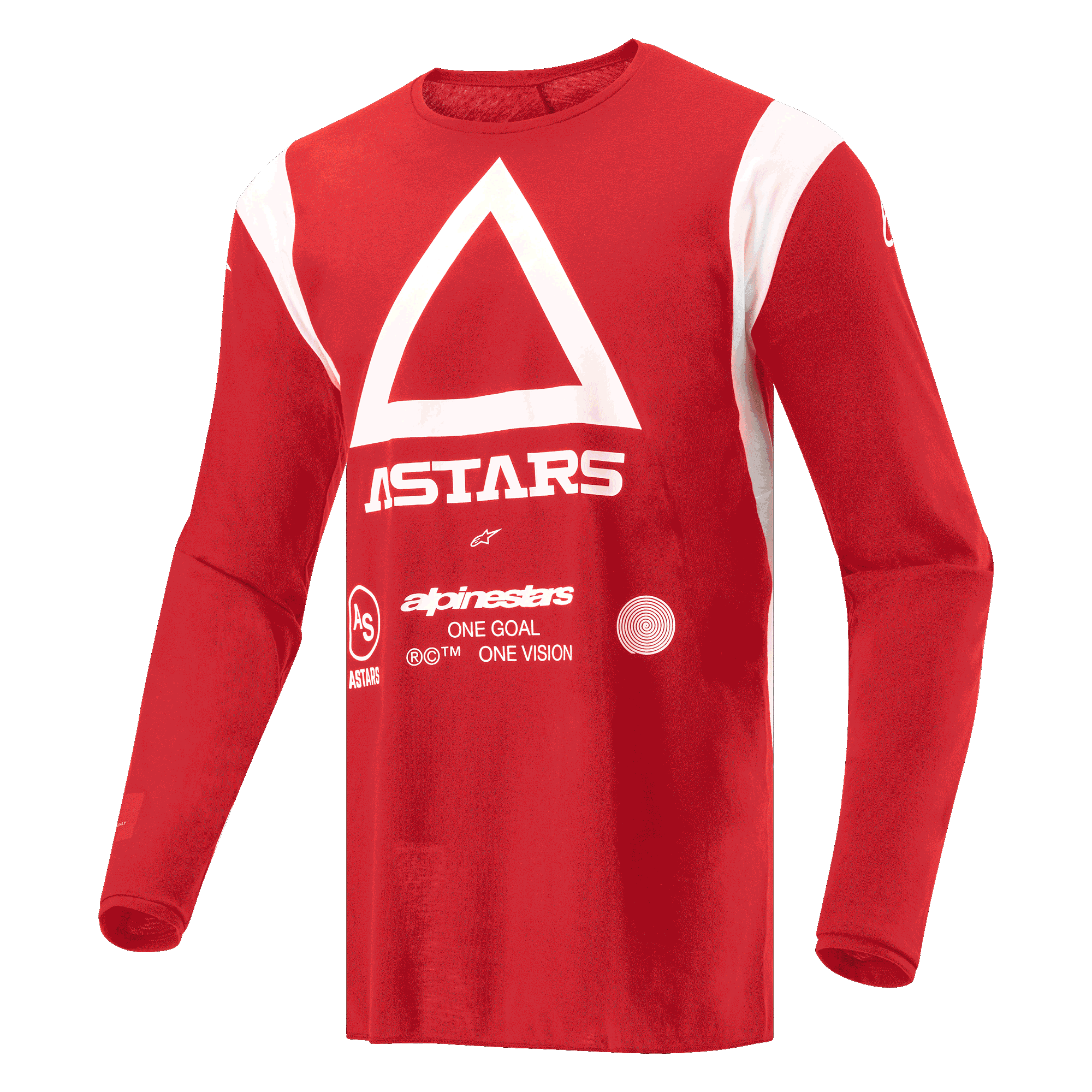 Alpinestars Techdura Jersey, Motocross and Enduro Jersey, Bright Red, featuring white triangle and ASTARS branding on the chest, long-sleeve moisture-wicking poly-fabric for off-road riding