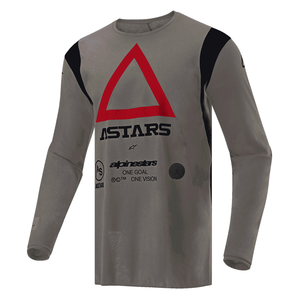 Alpinestars Techdura Jersey, Motocross and Enduro Jersey, Falcon Brown, featuring a large red triangle on the chest with black ASTARS branding, black shoulder accents, durable technical poly-fabric for off-road performance