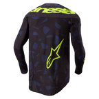 Alpinestars 2024 Techstar Rantera Jersey, Motocross Jersey, Black Navy Yellow Fluo, back view, featuring a navy blue geometric pattern on a black base, bold yellow fluo Alpinestars text across the shoulders and a large star logo on the lower back, technical long-sleeve gear for off-road racing