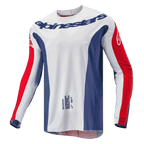 Alpinestars 2024 Techstar Pneuma Jersey, Motocross Jersey, Blue Mars Red and White, white main body with blue side panels and red sleeve accents, Alpinestars logo across the chest, lightweight athletic race fit for off-road racing