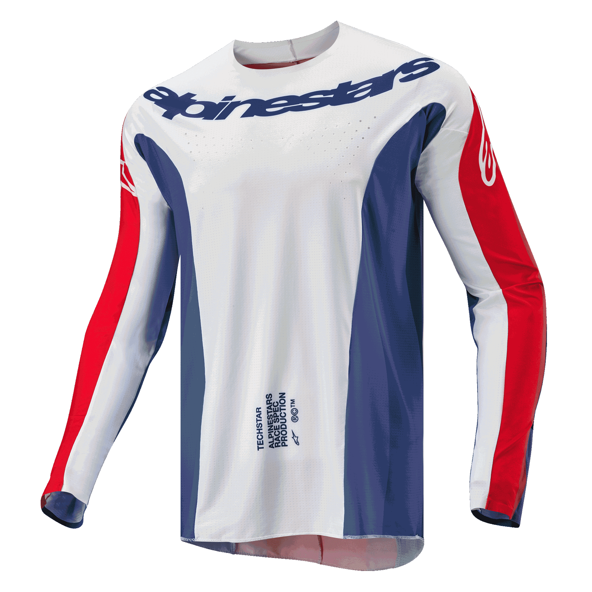 Alpinestars 2024 Techstar Pneuma Jersey, Motocross Jersey, Blue Mars Red and White, white main body with blue side panels and red sleeve accents, Alpinestars logo across the chest, lightweight athletic race fit for off-road racing