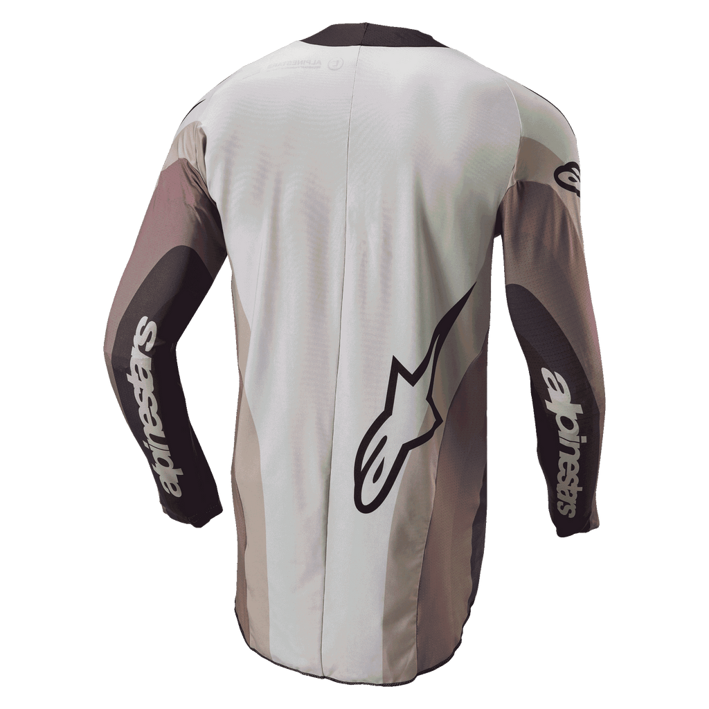 Alpinestars 2024 Techstar Pneuma Jersey, Motocross Jersey, back view in Dark Sand Iron Dust Gray, featuring a large Alpinestars logo and sleeve branding, athletic fit with color-blocked panels and an extended rear for coverage.