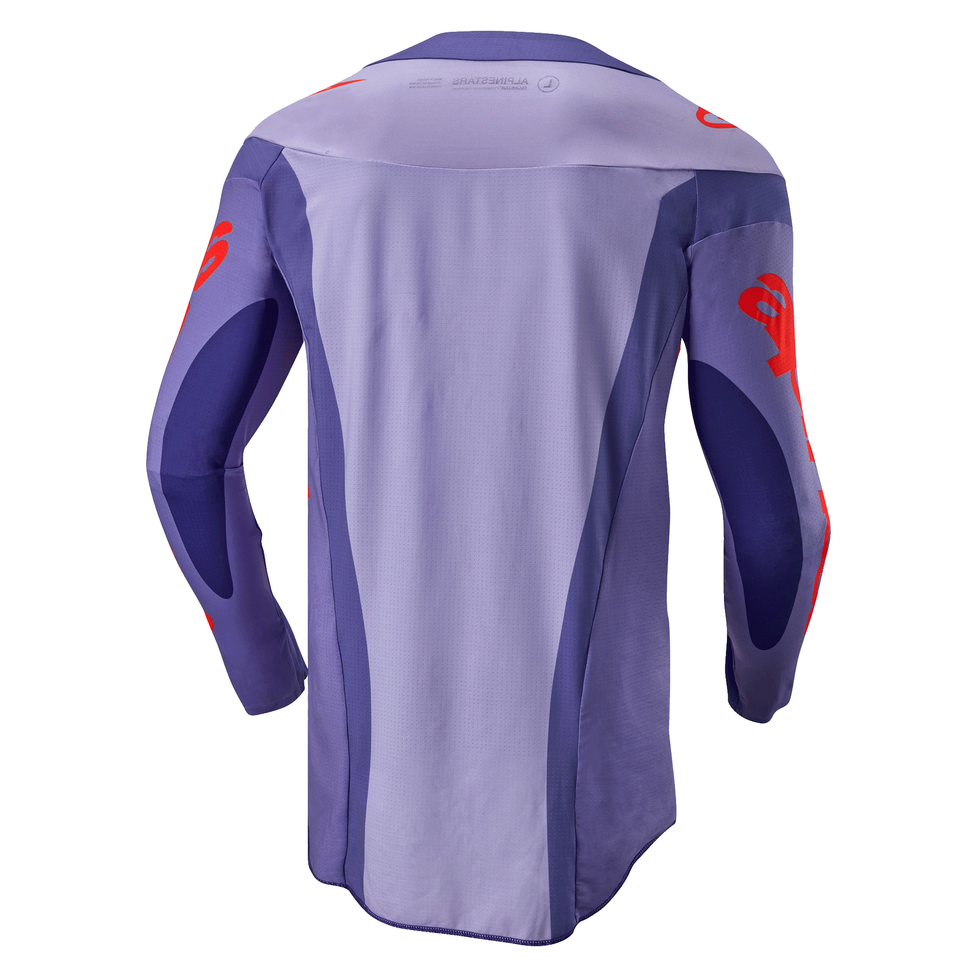 Alpinestars 2024 Techstar Ocuri Trikot, Motocross-Trikot, Lila und Hot Orange, Rückansicht mit lila Multi-Panel-Design, orangefarbene Logo-Grafiken auf Ärmeln und Schultern, verlängerte Rückenpartie für Offroad-Rennperformance.