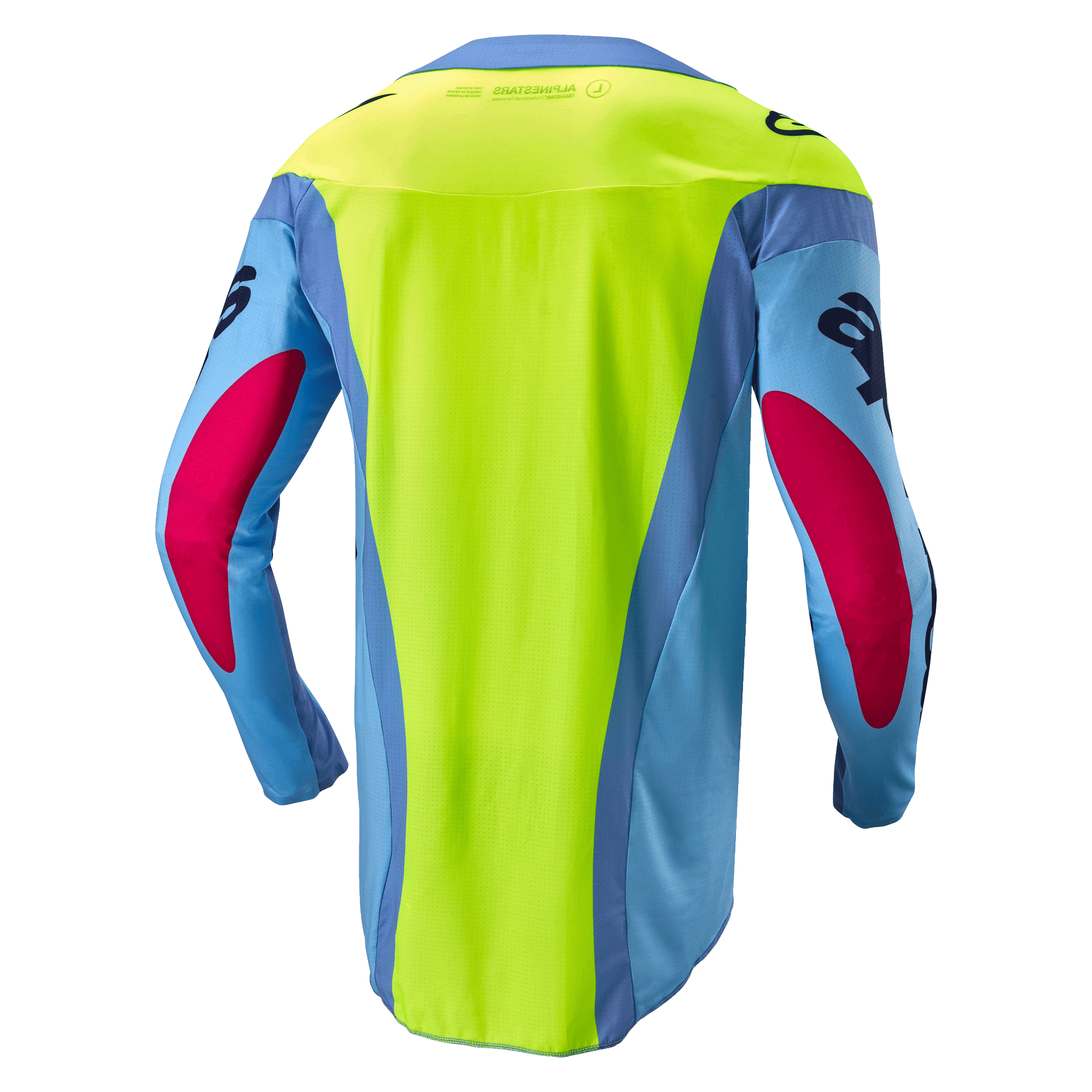 Alpinestars 2024 Techstar Ocuri Trikot, Motocross-Trikot, Hellblau, Fluo-Gelb und Red Berry, Rückansicht mit einem leuchtend neongelben Rückenteil, hellblaue Ärmel mit beerenroten Akzenten, ergonomische sportliche Passform für Offroad-Performance.