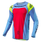 Alpinestars 2024 Techstar Ocuri Trikot, Motocross-Trikot, Hellblau mit Red Berry und Fluo-Gelben Akzenten, mit schwarzen Logos und lasergeschnittenen Perforationen zur Belüftung, athletische Rennpassform für Offroad-Performance