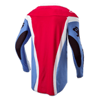 Alpinestars 2024 Techstar Ocuri Trikot, Motocross-Trikot, Hellblau, Mars-Rot und Weiß, Rückansicht mit sportlicher Rennpassform, verlängerter Rückenpartie und schwarzen Ärmelgrafiken