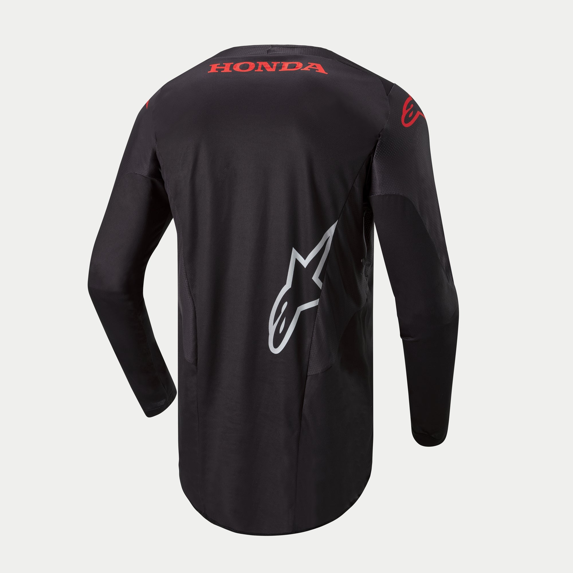 Alpinestars Honda Racer Iconic Trikot, Motocross-Herrentrikot in Schwarz mit roten und weißen Branding-Details, Langarm-Rennpassform mit verlängertem Rückenteil, Rückansicht mit Honda-Logo und Alpinestars-Grafiken