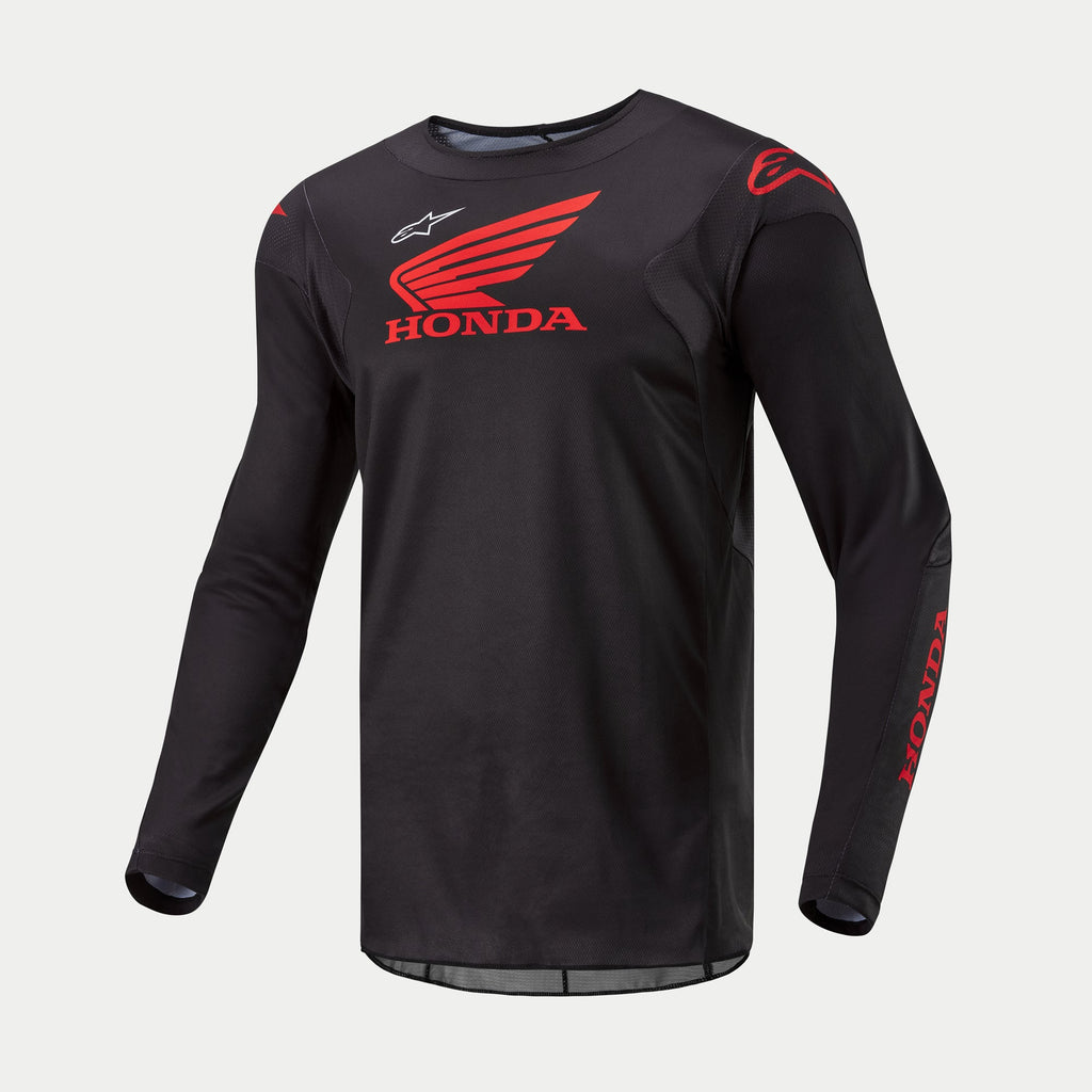 Alpinestars Honda Racer Iconic Trikot, Langarm-Motocross-Trikot in Schwarz und Rot mit offiziellem Honda-Branding, leichtes und feuchtigkeitsableitendes Offroad-Trikot