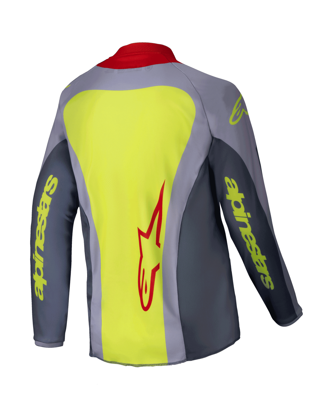Alpinestars 2025 Youth Racer Melt Trikot, Motocross-Trikot, Hellrot-Grau, Rückansicht mit großem neongelben Einsatz und rotem Alpinestars-Logo, graue Ärmel mit neongelbem Branding, roter Kragen, technische sportliche Passform für den Offroad-Rennsport