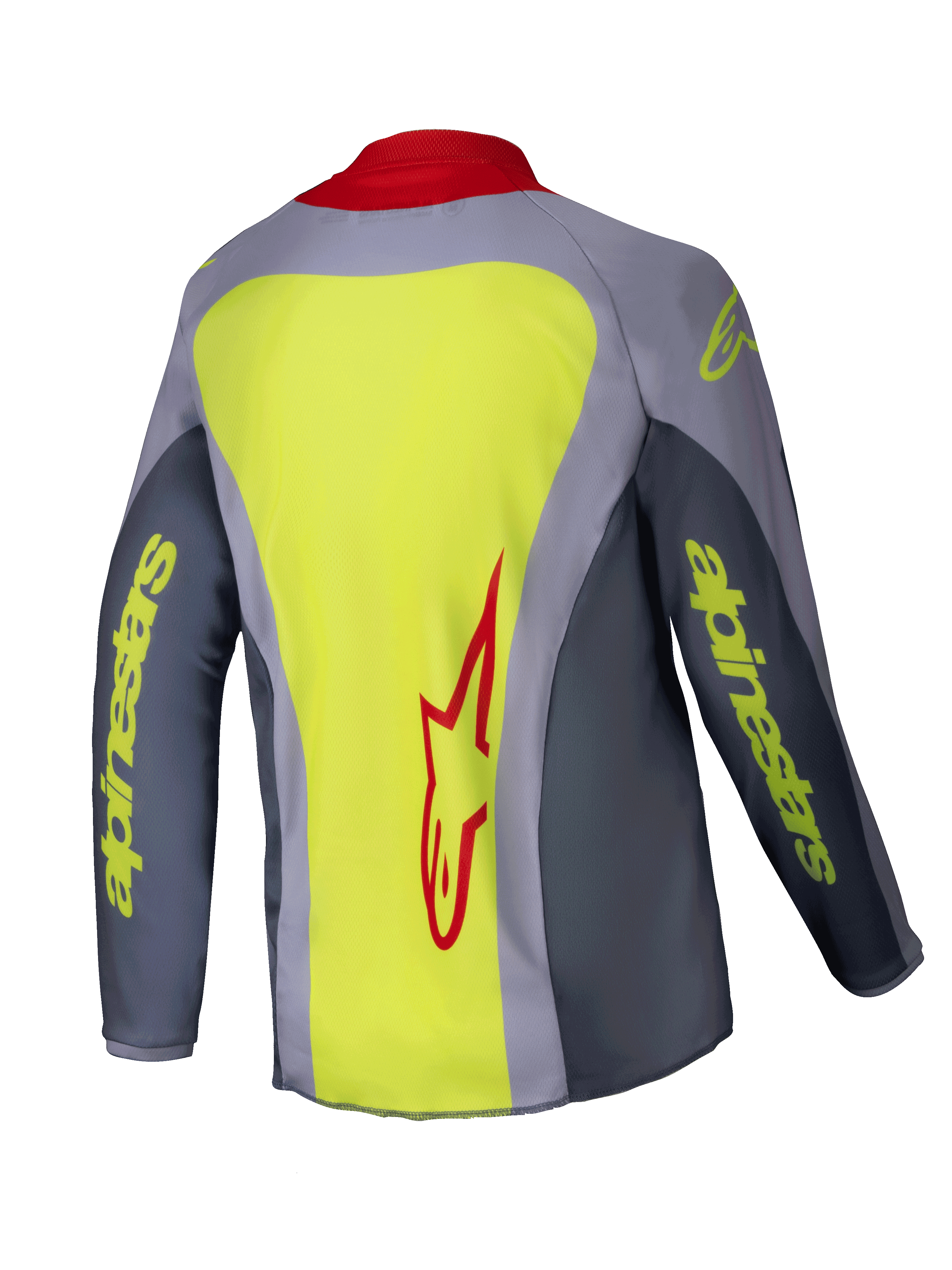 Alpinestars 2025 Youth Racer Melt Trikot, Motocross-Trikot, Hellrot-Grau, Rückansicht mit großem neongelben Einsatz und rotem Alpinestars-Logo, graue Ärmel mit neongelbem Branding, roter Kragen, technische sportliche Passform für den Offroad-Rennsport