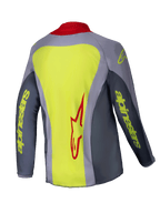Alpinestars 2025 Youth Racer Melt Trikot, Motocross-Trikot, Hellrot und Grau mit neongelben Akzenten, Rückansicht mit einem großen neongelben Panel und einem roten Alpinestars-Logo, graue Ärmel mit gelbem Textbranding und einem roten Kragen, leichte technische Bekleidung für den Offroad-Rennsport