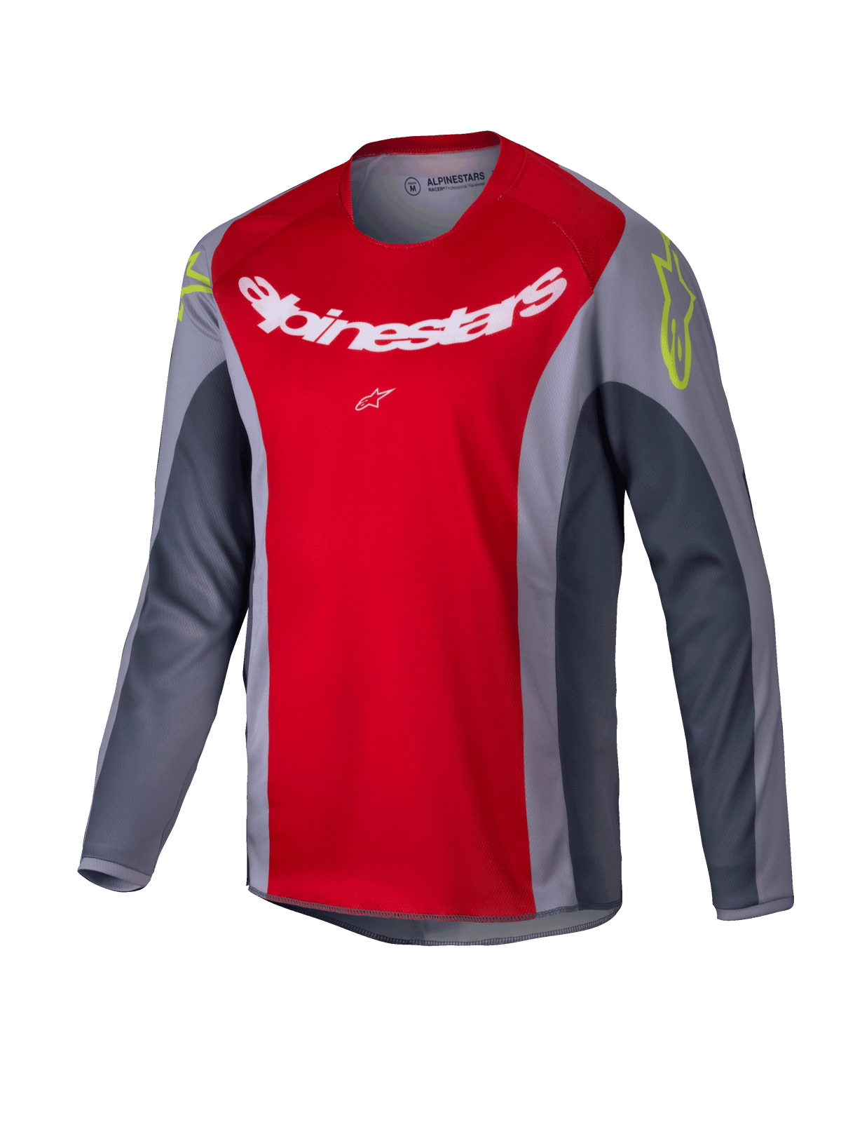 Alpinestars 2025 Youth Racer Melt Jersey, Motocross Jersey, Bright Red and Gray, featuring a large white logo on the chest and neon yellow accents on the shoulders, long-sleeve technical fabric for off-road riding