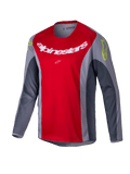 Alpinestars 2025 Youth Racer Melt Jersey, Motocross-Jersey, Hellrot und Grau, mit einem großen weißen Logo auf der Brust und neongelben Akzenten an den Schultern, langärmliges technisches Material für Offroad-Fahrten