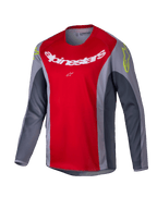 Alpinestars 2025 Youth Racer Melt Jersey, Motocross-Jersey, Hellrot und Grau, mit einem großen weißen Logo auf der Brust und neongelben Akzenten an den Schultern, langärmliges technisches Material für Offroad-Fahrten