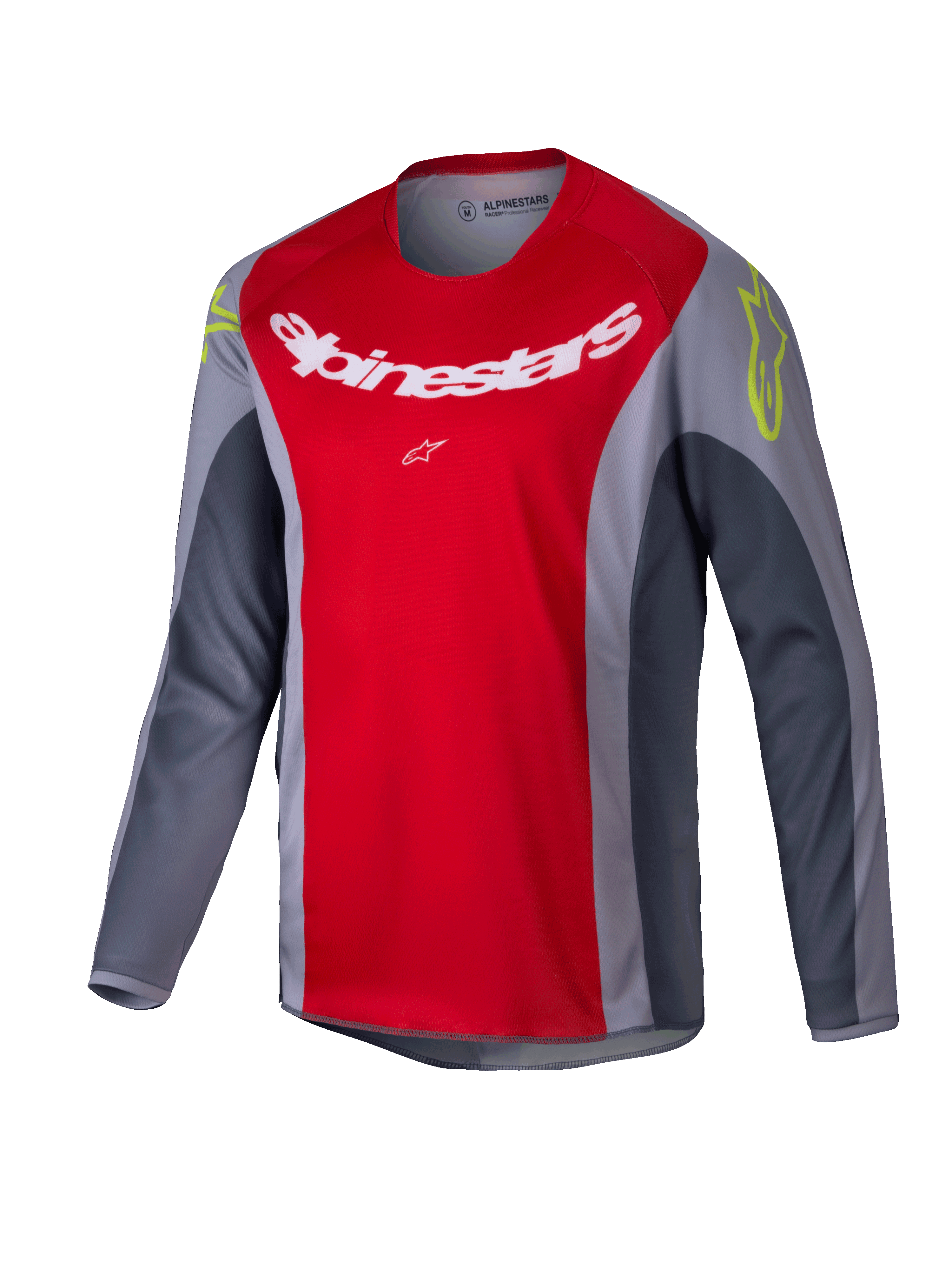 Alpinestars 2025 Youth Racer Melt Jersey, Motocross-Jersey, Hellrot und Grau, mit einem großen weißen Logo auf der Brust und neongelben Akzenten an den Schultern, langärmliges technisches Material für Offroad-Fahrten