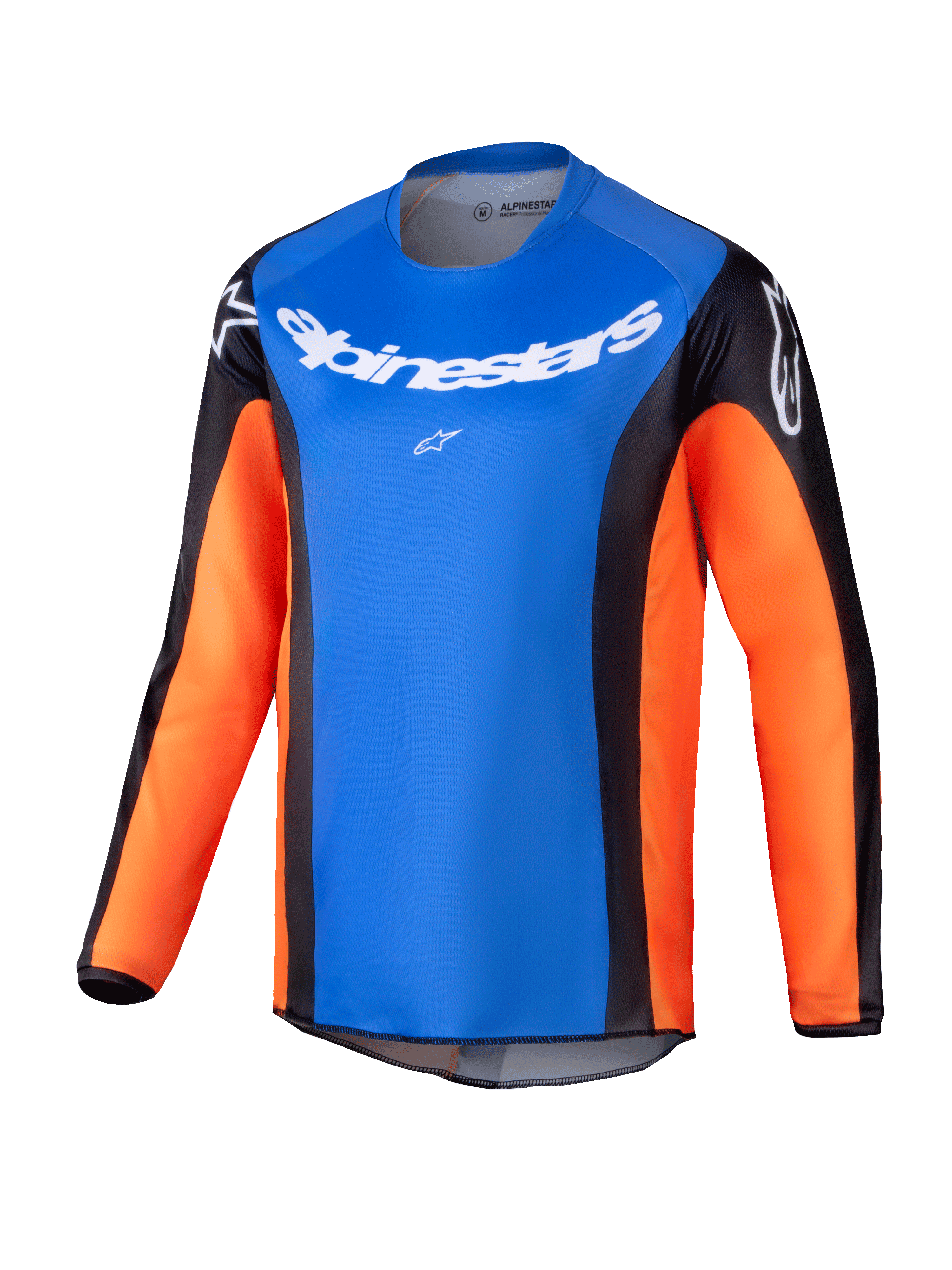 Alpinestars 2025 Youth Racer Melt Jersey, Jugend-Motocross-Langarmtrikot, hellblaue Brust mit orangefarbenen Ärmeln und schwarzen Seiteneinsätzen, weißes Alpinestars-Branding auf Brust und Schultern, leichtes feuchtigkeitsableitendes Material für Offroad-Fahrten von Jugendlichen