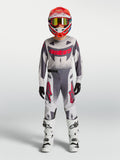 Alpinestars 2027 Youth Supertech Swan Jersey and Gear Set, gray and white motocross racing outfit with red accents.