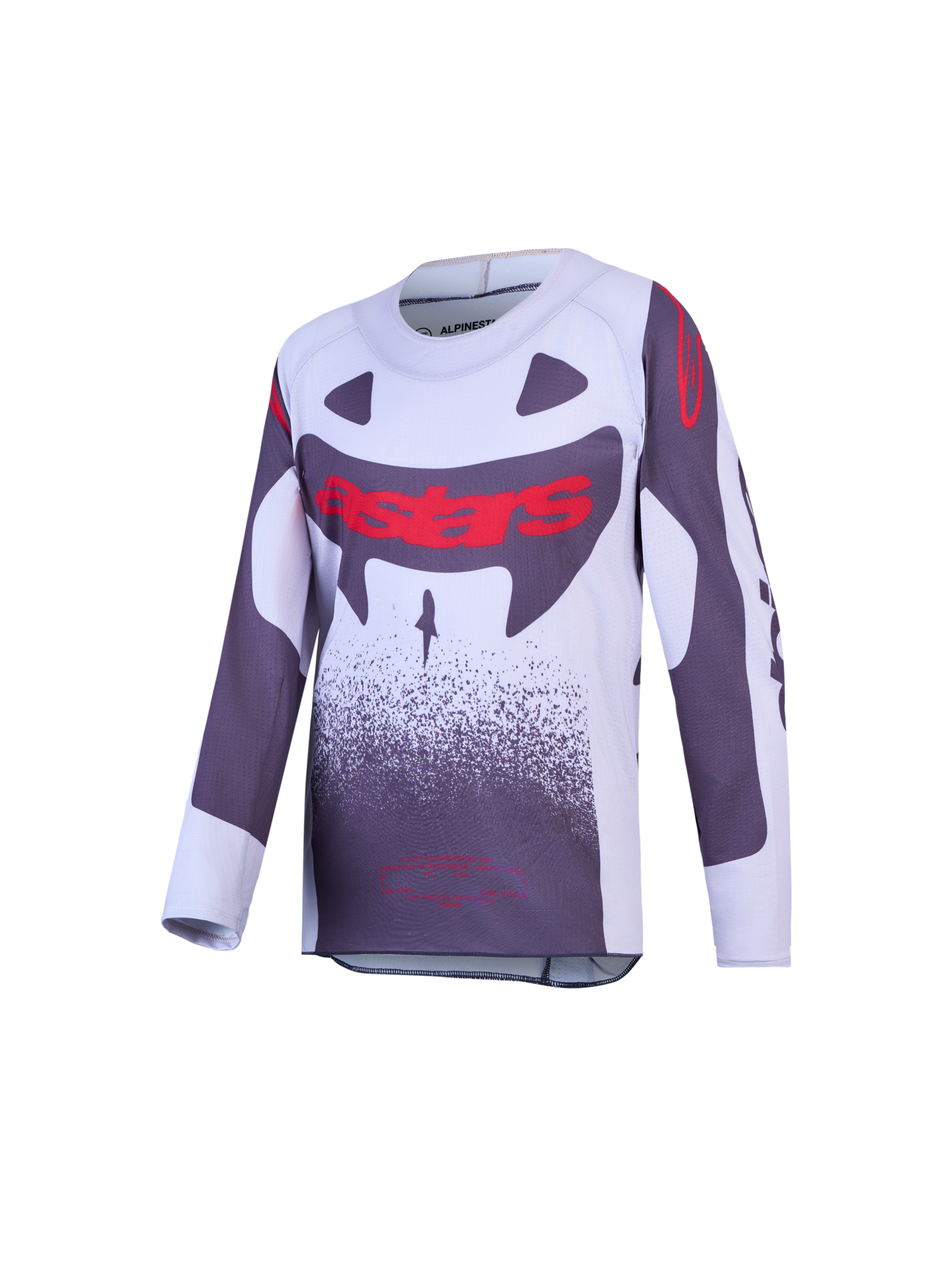 Alpinestars Supertech Swan Jugend-Trikot, Motocross-Rennsport, Grau und Weiß mit roten Grafiken, leichtes Stretch-Mesh.