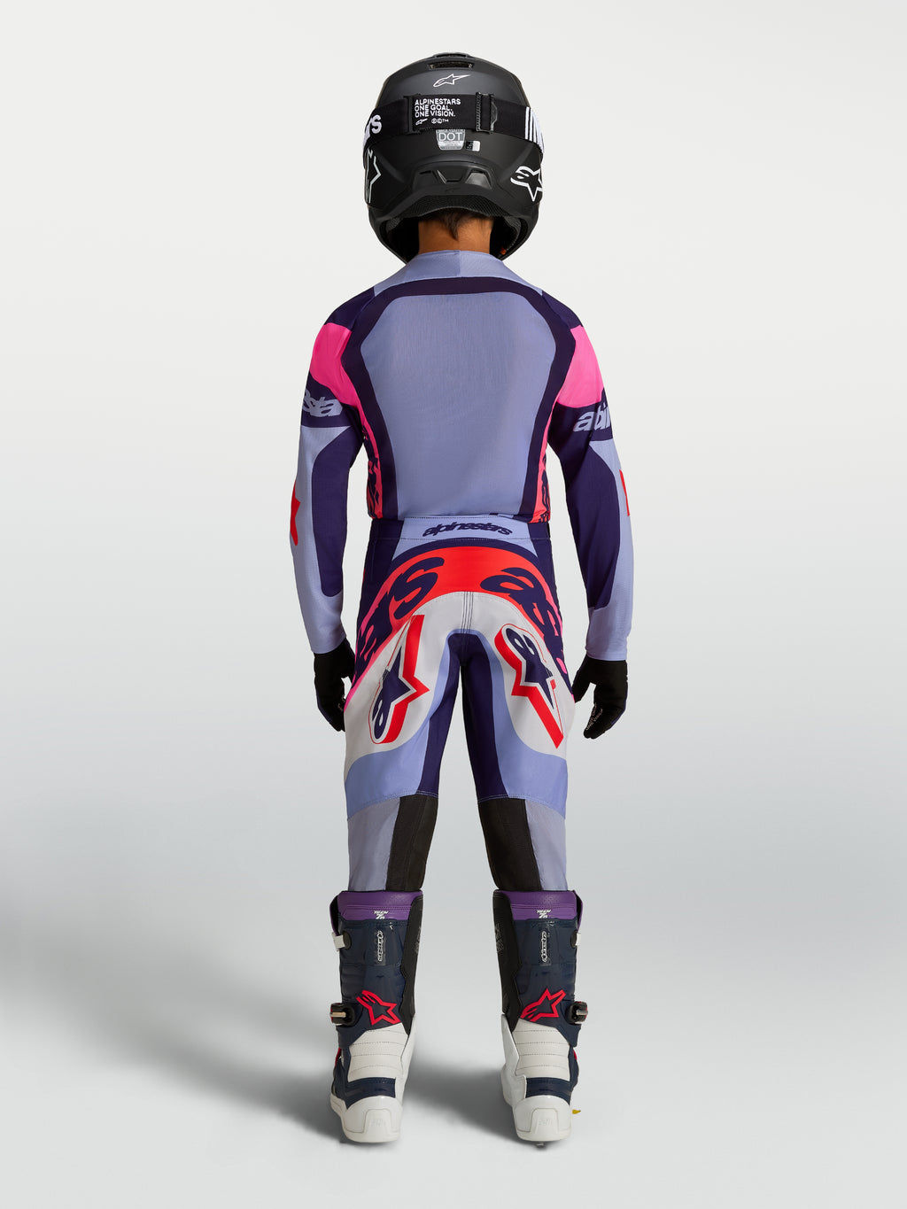 Alpinestars Jugend Supertech Dyna Ausrüstungsset in Lila und Pink, Motocross-Outfit mit Stretch-Mesh-Trikot, Rückansicht.