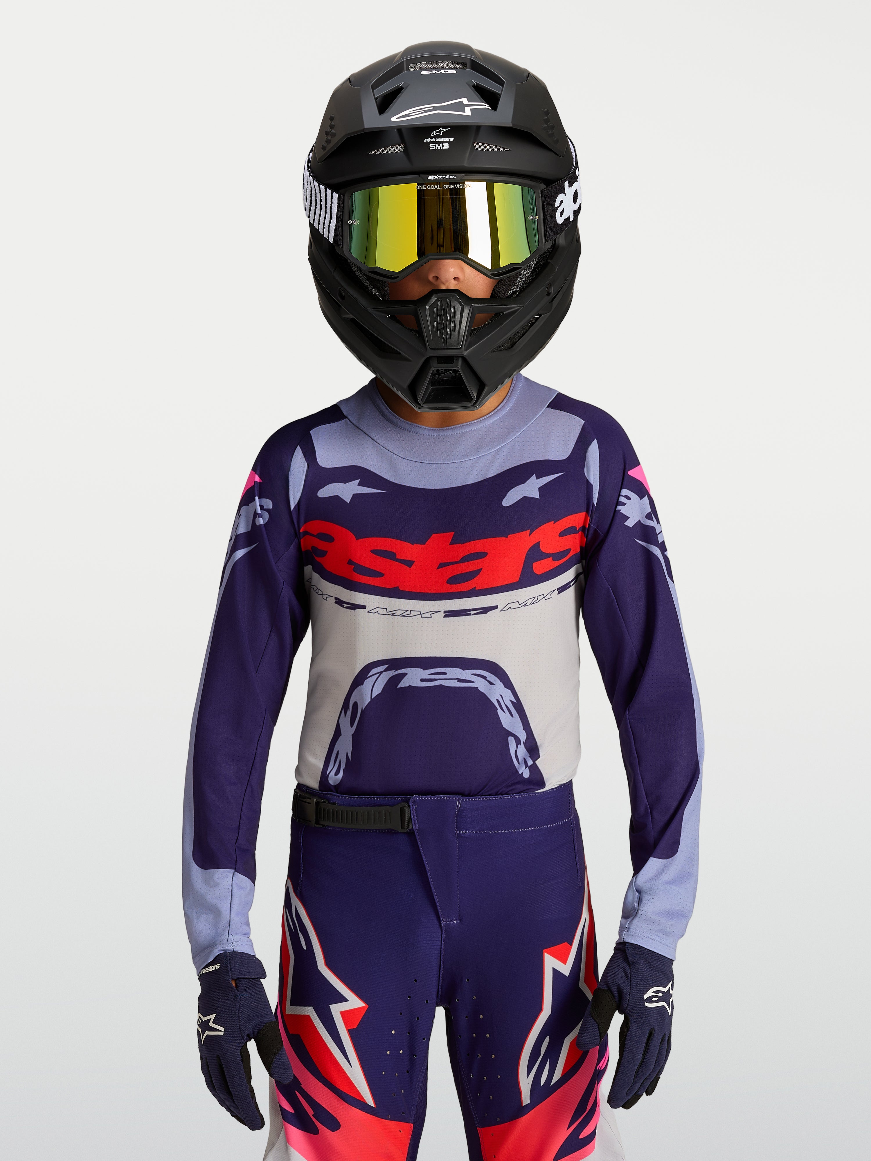 Alpinestars Supertech Jugend-Trikot Dyna, lila-graues Motocross-Trikot mit athletischer Rennpassform und Mesh-Gewebe.