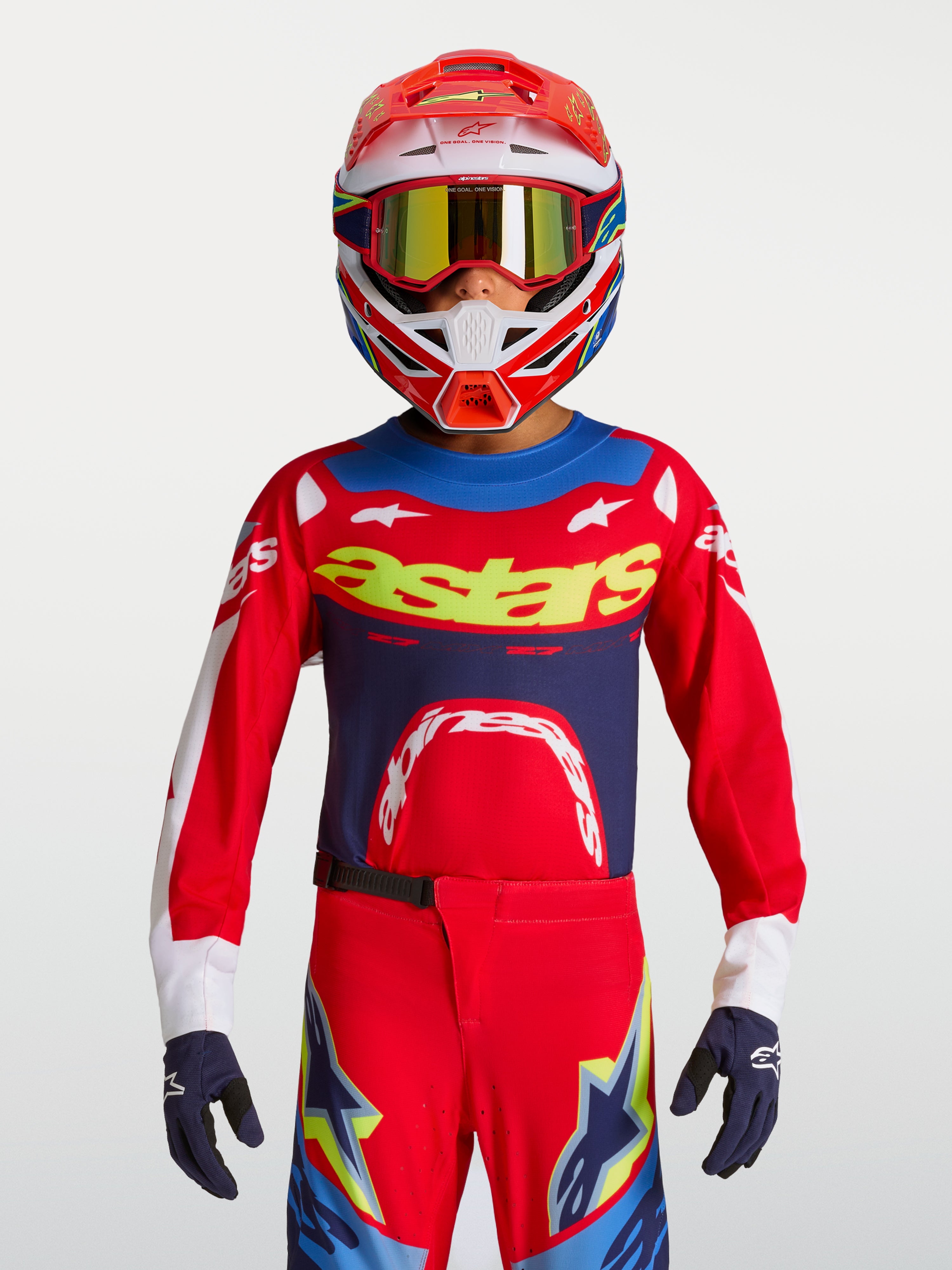 Alpinestars Supertech Jugend-Trikot Dyna 2027, Motocross-Renntrikot in Rot und Marineblau aus atmungsaktivem Stretch-Mesh mit athletischer Rennpassform.