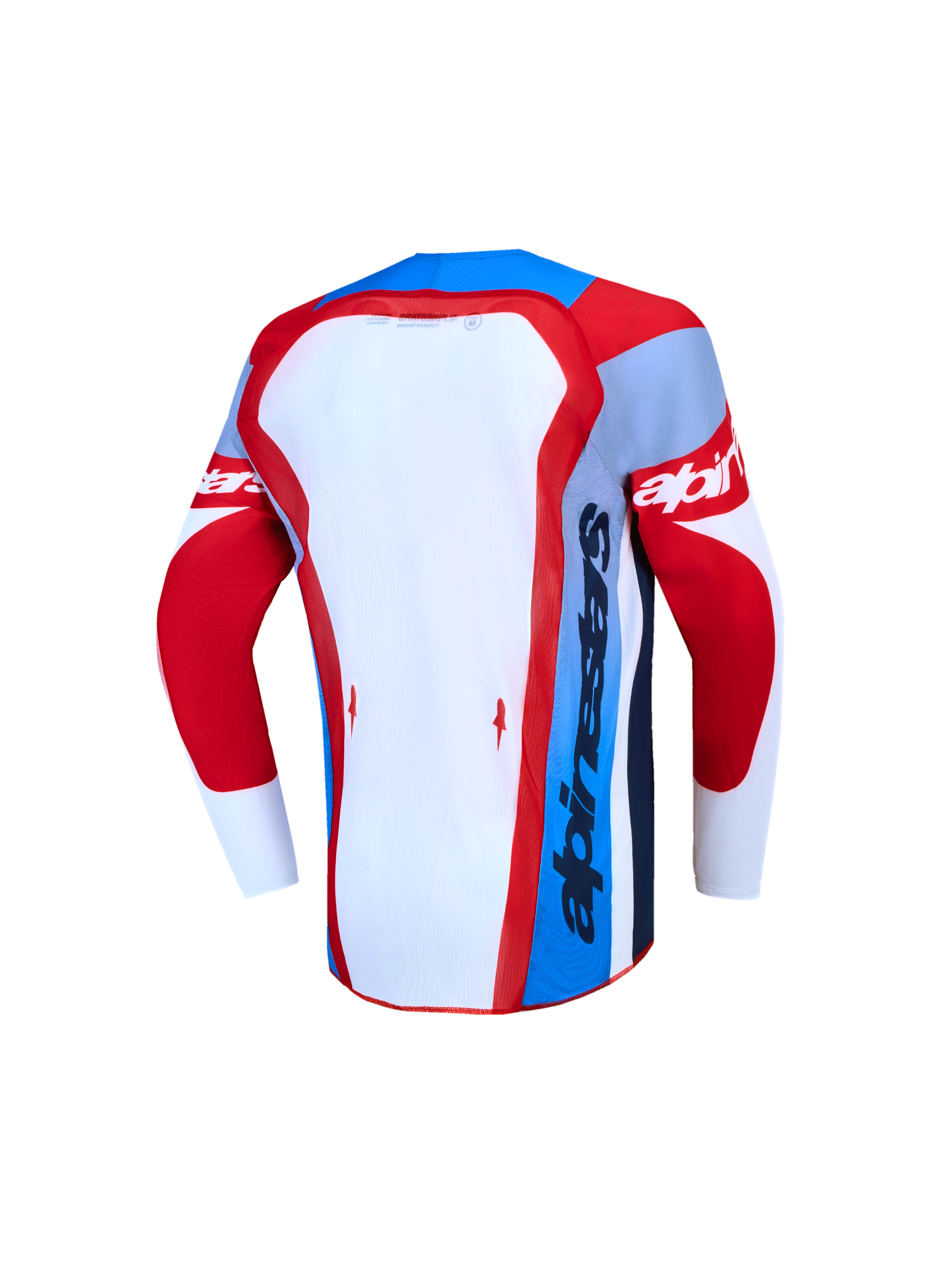 Alpinestars Supertech Jugend-Trikot Dyna, Rückansicht, Rot, Weiß und Navy-Blau, Hochleistungs-MX-Trikot aus Stretch-Mesh für Motocross-Rennen, athletische Rennpassform mit lasergeschnittenen Perforationen.