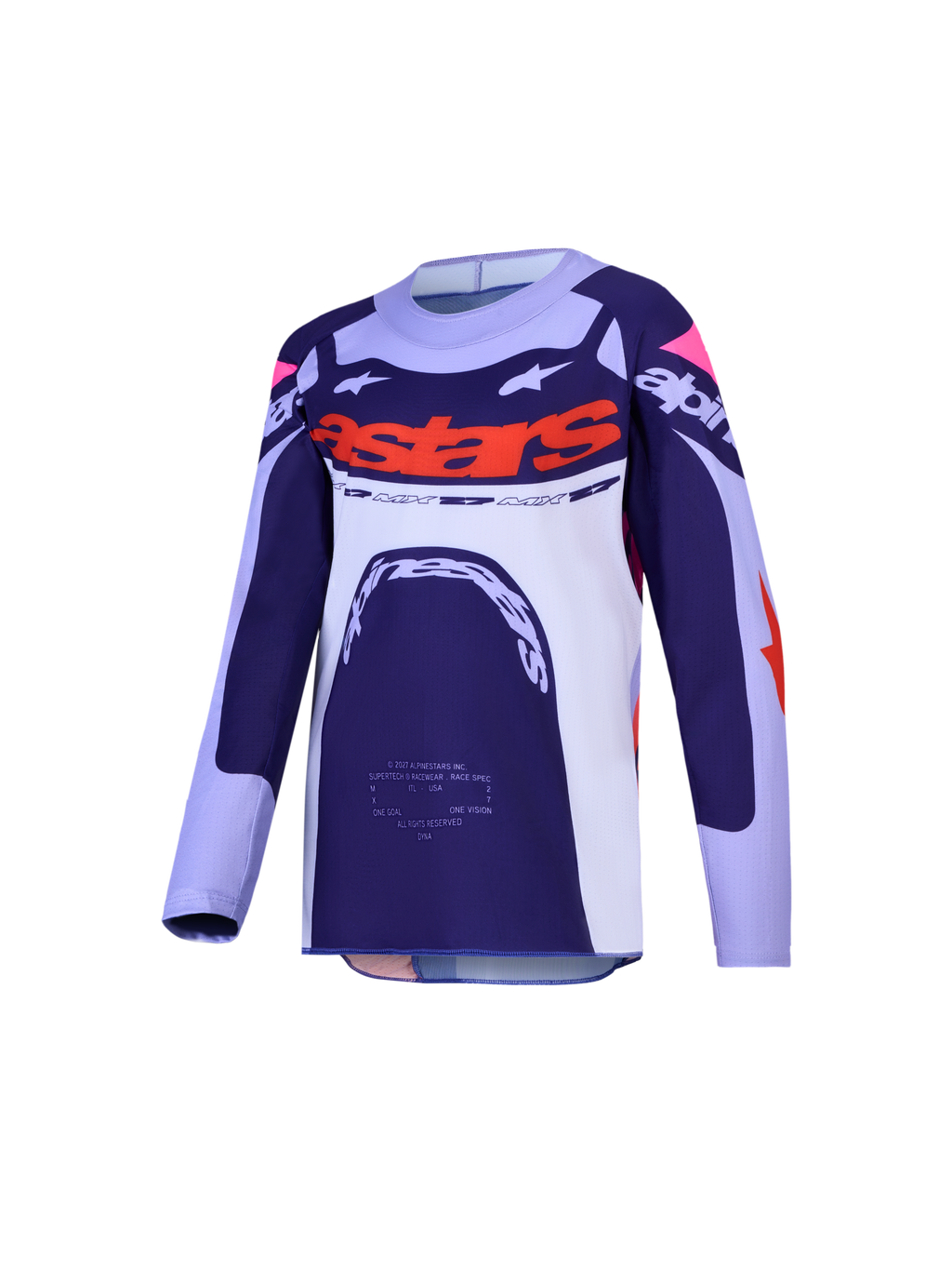 Alpinestars Supertech Dyna Trikot für Jugendliche, Motocross-Oberteil in Blau und Weiß mit orangefarbenen Akzenten.