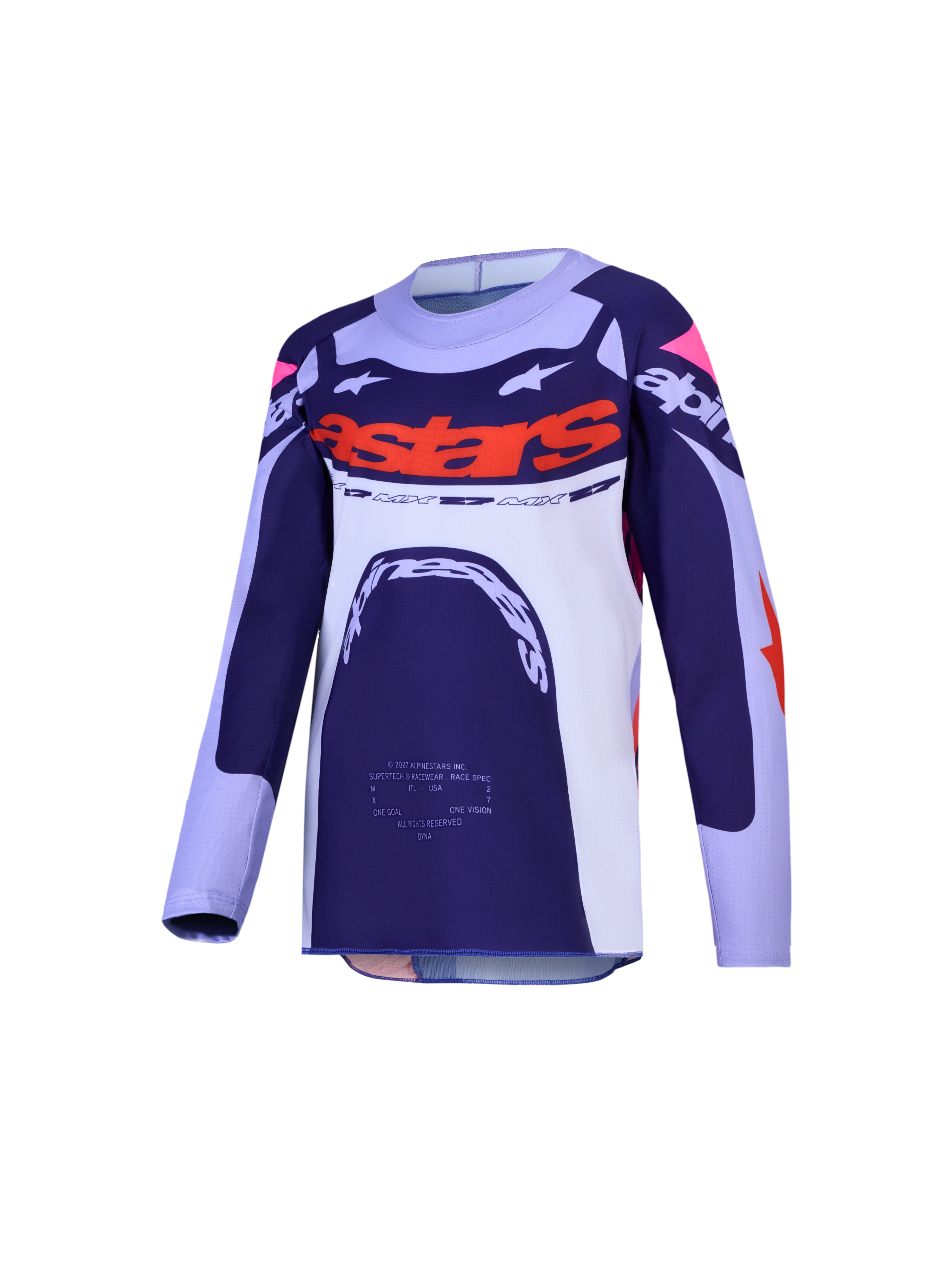 Alpinestars Supertech Dyna Trikot für Jugendliche, Motocross-Oberteil in Blau und Weiß mit orangefarbenen Akzenten.