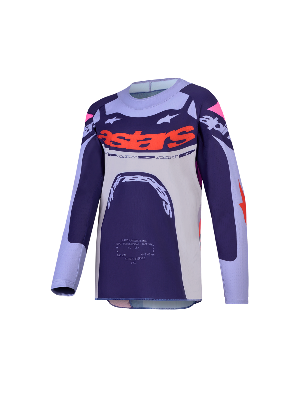 Alpinestars Supertech Jugend-Trikot Dyna 2027, Motocross-Renntrikot in Lila und Pink Fluo, atmungsaktives Stretch-Mesh mit lasergefertigten Perforationen.