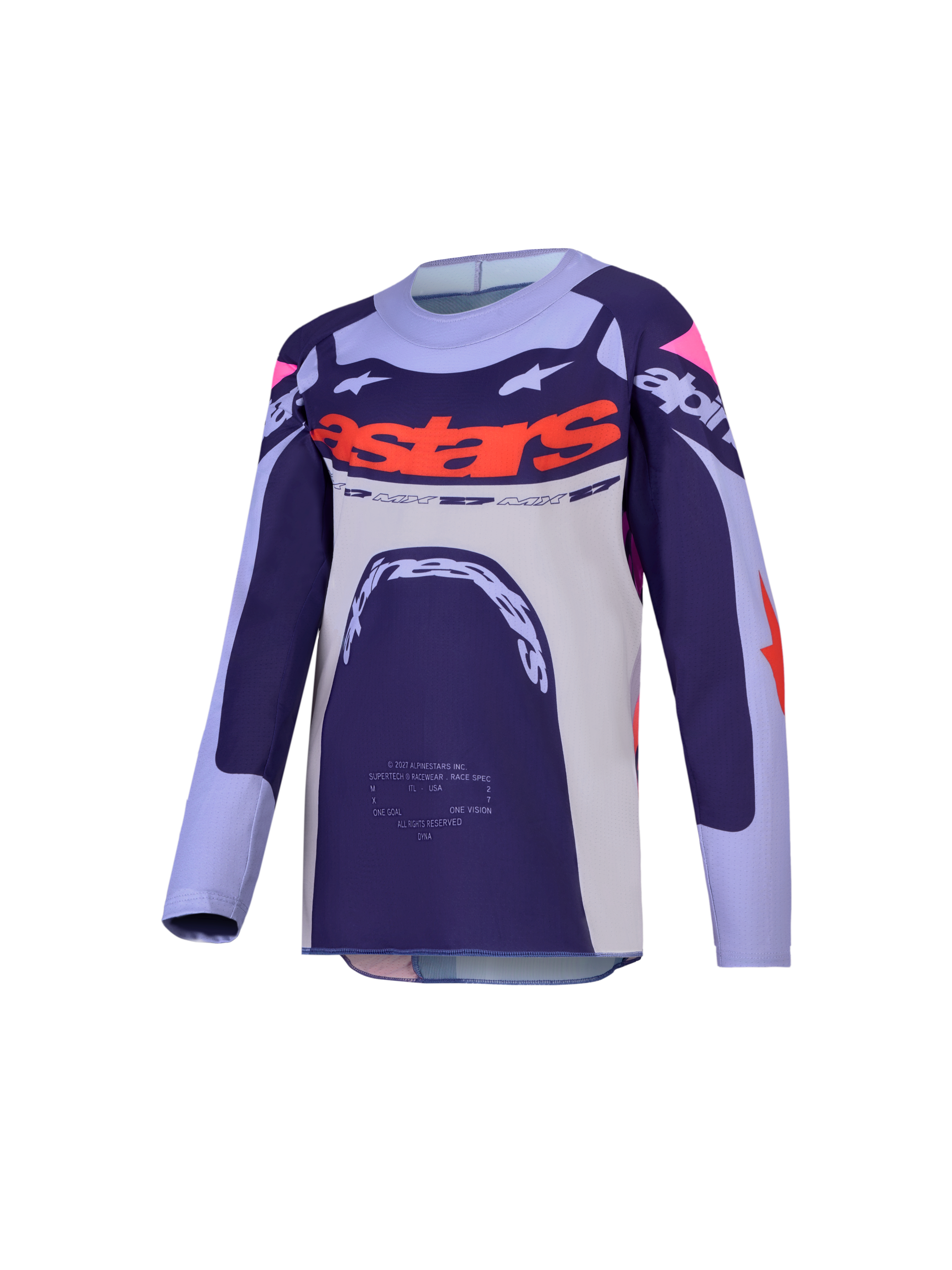 Alpinestars Supertech Jugend-Trikot Dyna 2027, Motocross-Renntrikot in Lila und Pink Fluo, atmungsaktives Stretch-Mesh mit lasergefertigten Perforationen.