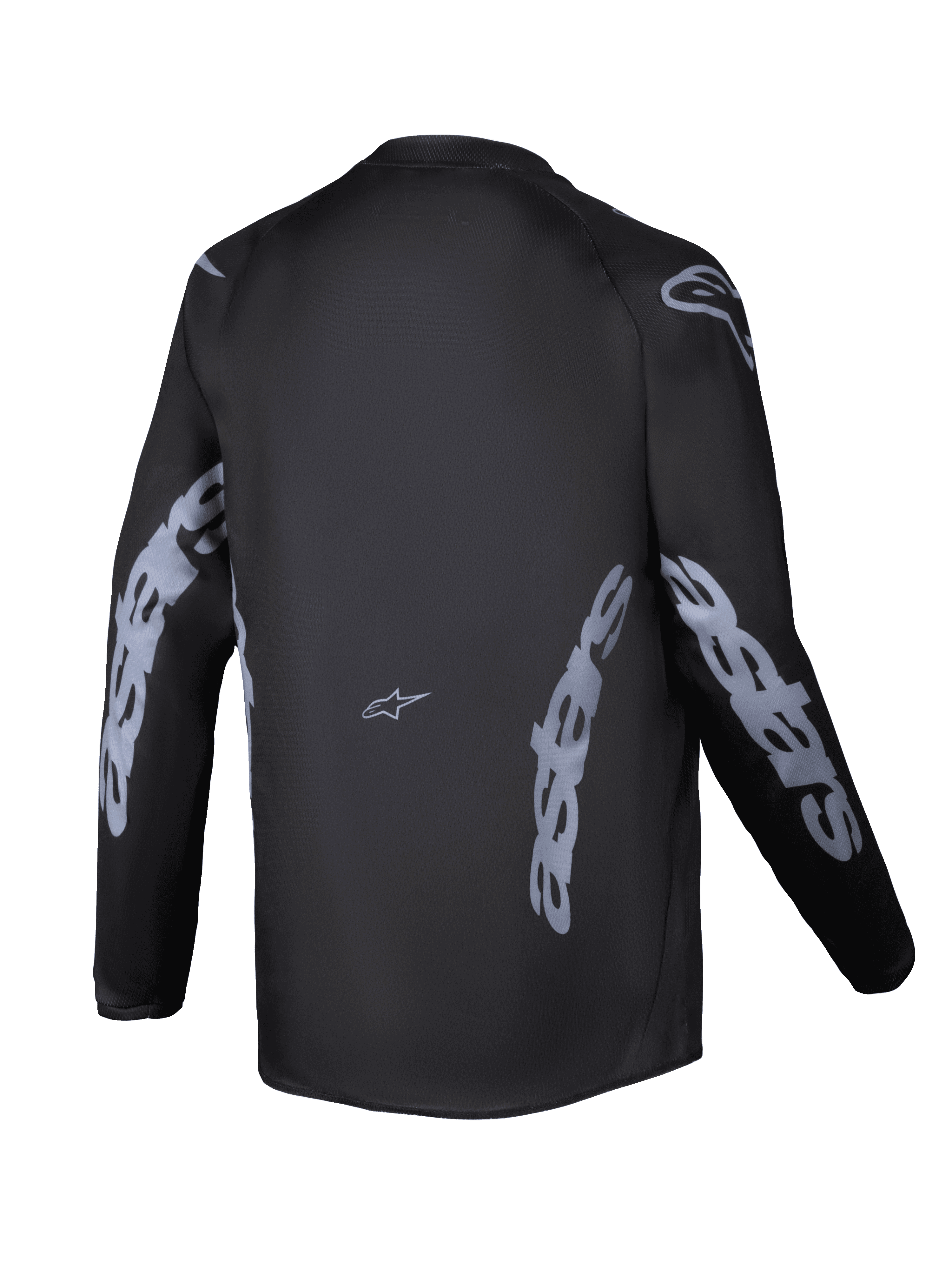 Alpinestars 2025 Youth Racer Graphite Trikot, Rückansicht, Schwarz und Grau, langärmeliges Motocross-Trikot mit grauem Alpinestars-Branding auf Ärmeln und Seiten, feuchtigkeitsableitendes Material mit verlängertem Rückenteil für Offroad-Fahrten