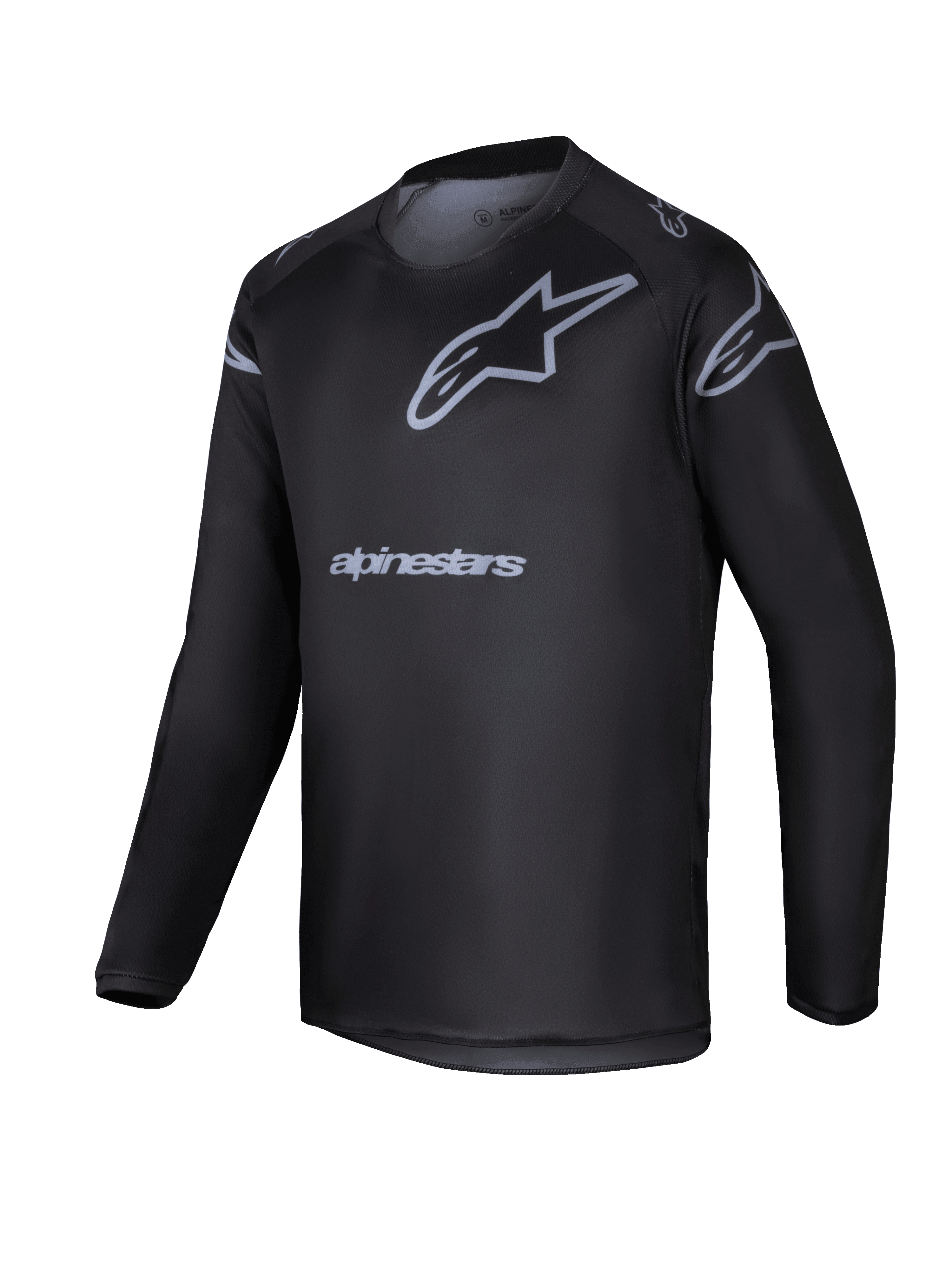 Alpinestars 2025 Youth Racer Graphite Trikot, schwarz-graues Langarm-Motocross-Jersey für Jugendliche, mit grauem Stern-Logo und Markennamen, leichte Performance-Ausrüstung für Offroad-Fahrten