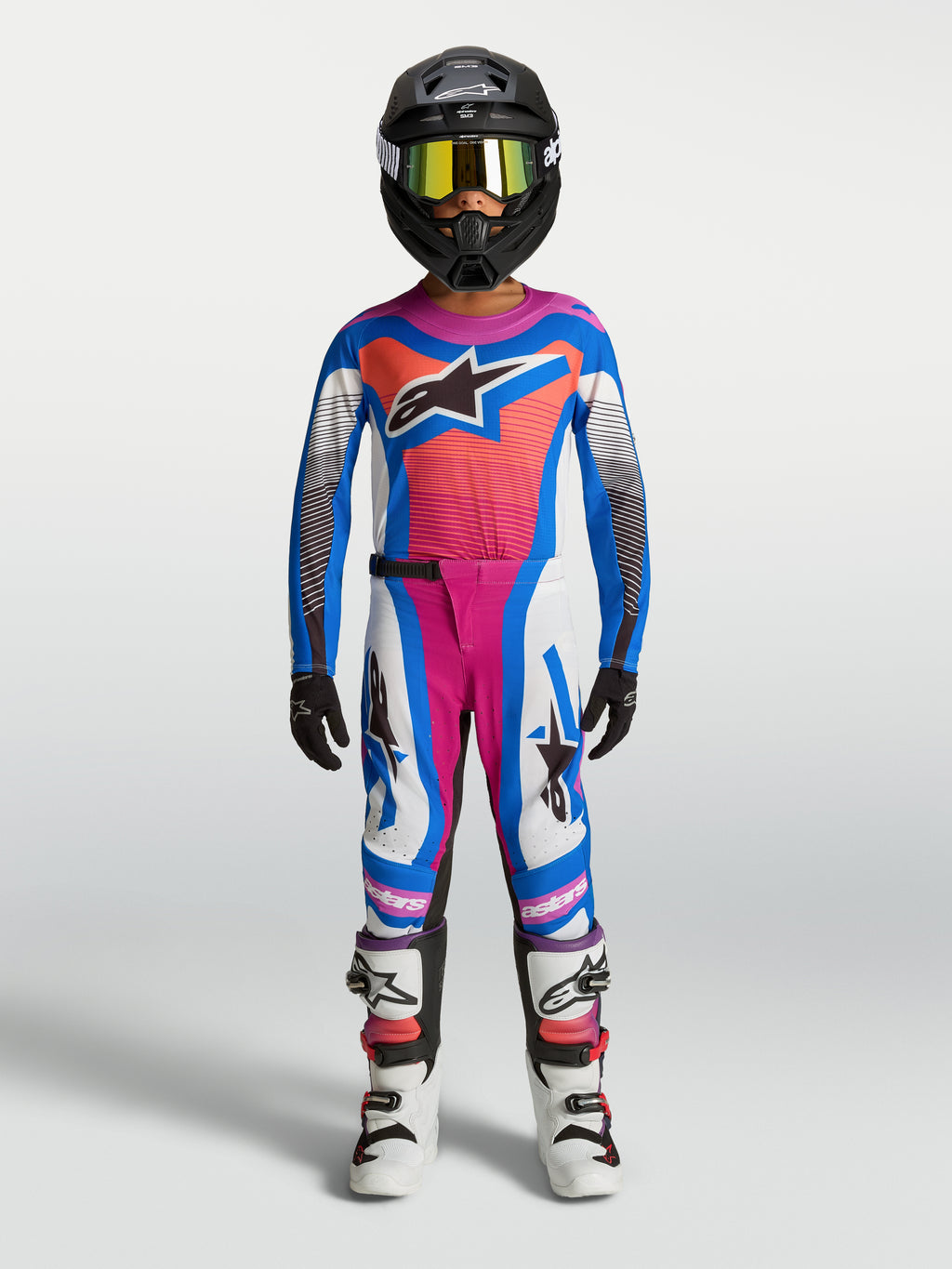 Alpinestars Supertech Jugend-Trikot Maven 2027 AND Jugendliche Supertech Maven Gear Set, Motocross, Jugend, Blau und Koralle.