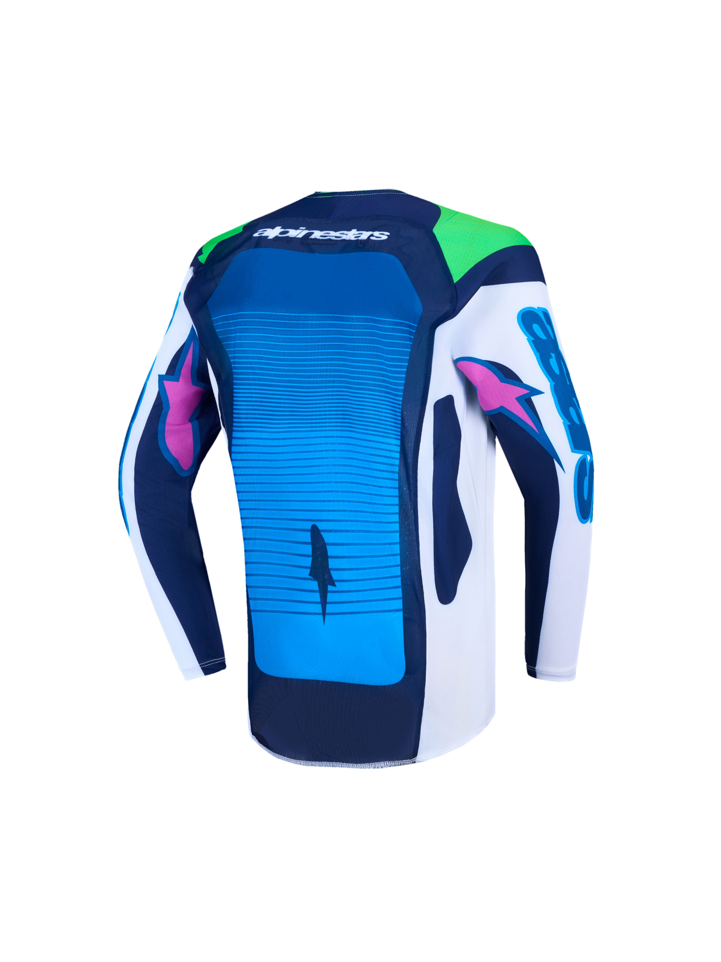 Alpinestars Supertech Maven Jugend-Trikot, Motocross-Racing, Blau und Weiß, Rückansicht mit atmungsaktivem Stretch-Mesh.