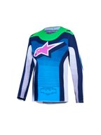 Alpinestars Supertech Maven Jugend-Trikot AND Gear Set, blau-weißes Motocross-Trikot mit grünen Akzenten und pinkem Logo.