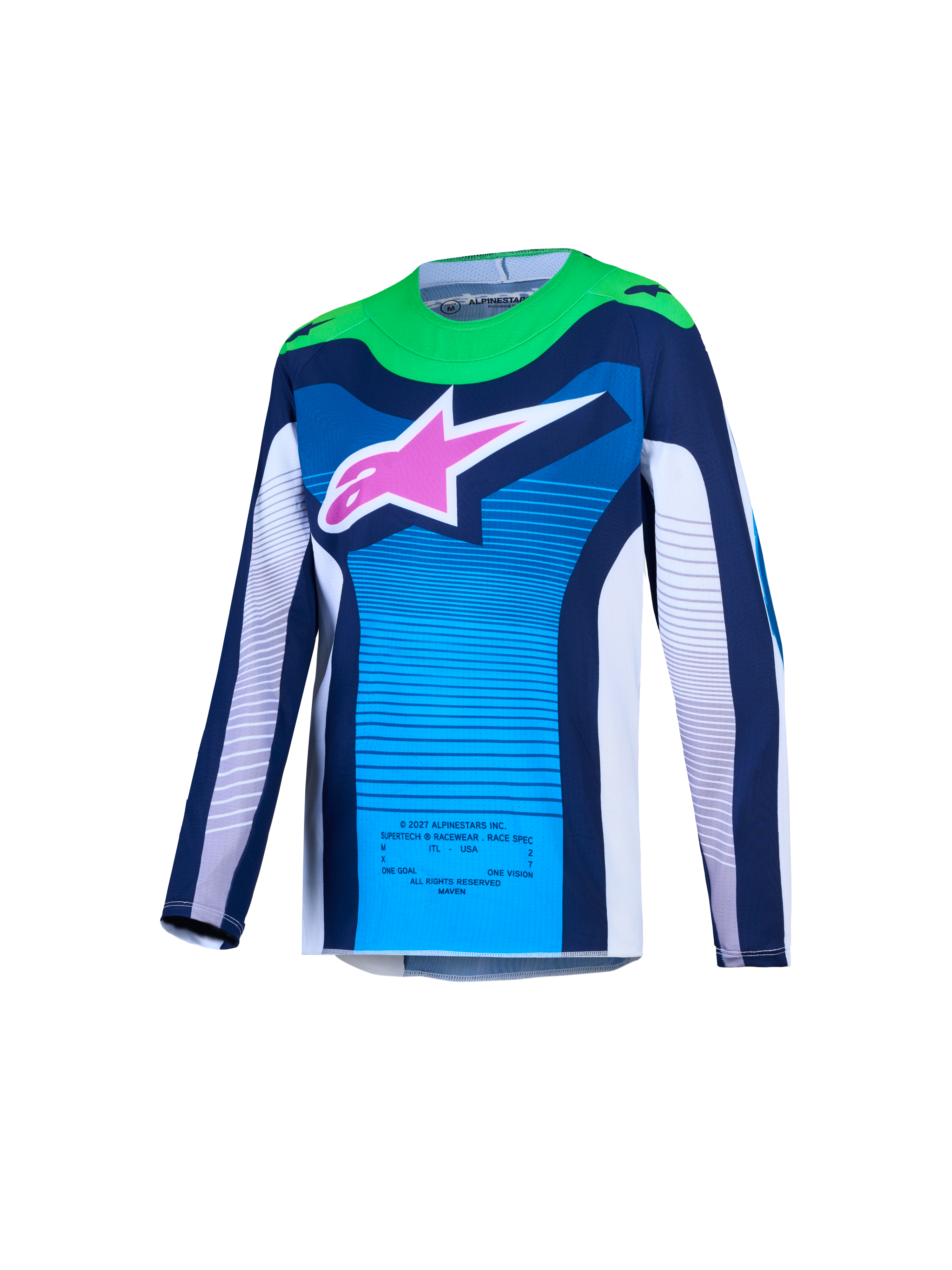 Alpinestars Supertech Maven Jugend-Trikot AND Gear Set, blau-weißes Motocross-Trikot mit grünen Akzenten und pinkem Logo.
