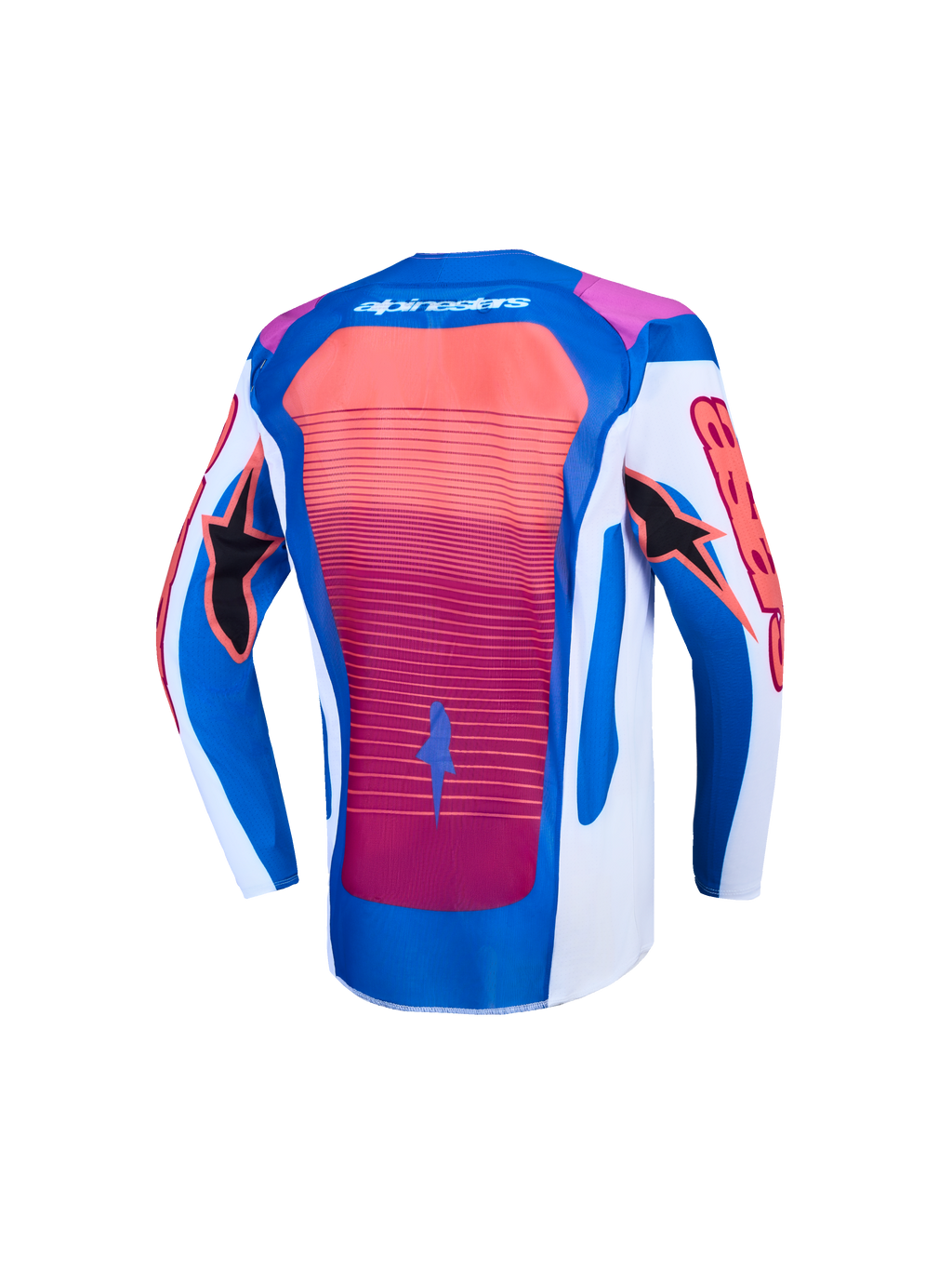 Alpinestars Supertech Jugend-Trikot Maven, Rückansicht in Blau und Hot Coral, leichtgewichtiges Motocross-Rennoberteil.