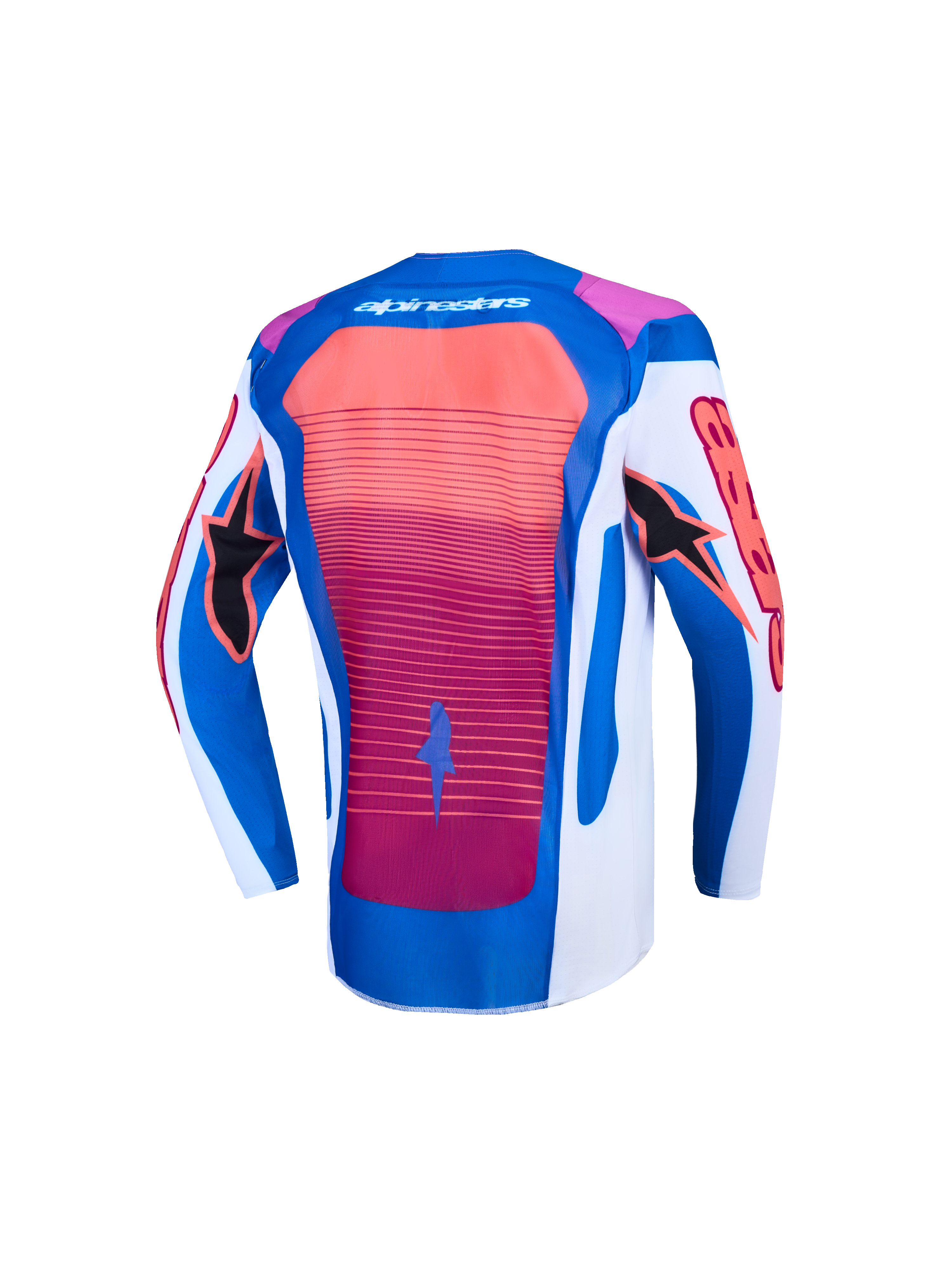 Alpinestars Supertech Jugend-Trikot Maven, Rückansicht in Blau und Hot Coral, leichtgewichtiges Motocross-Rennoberteil.