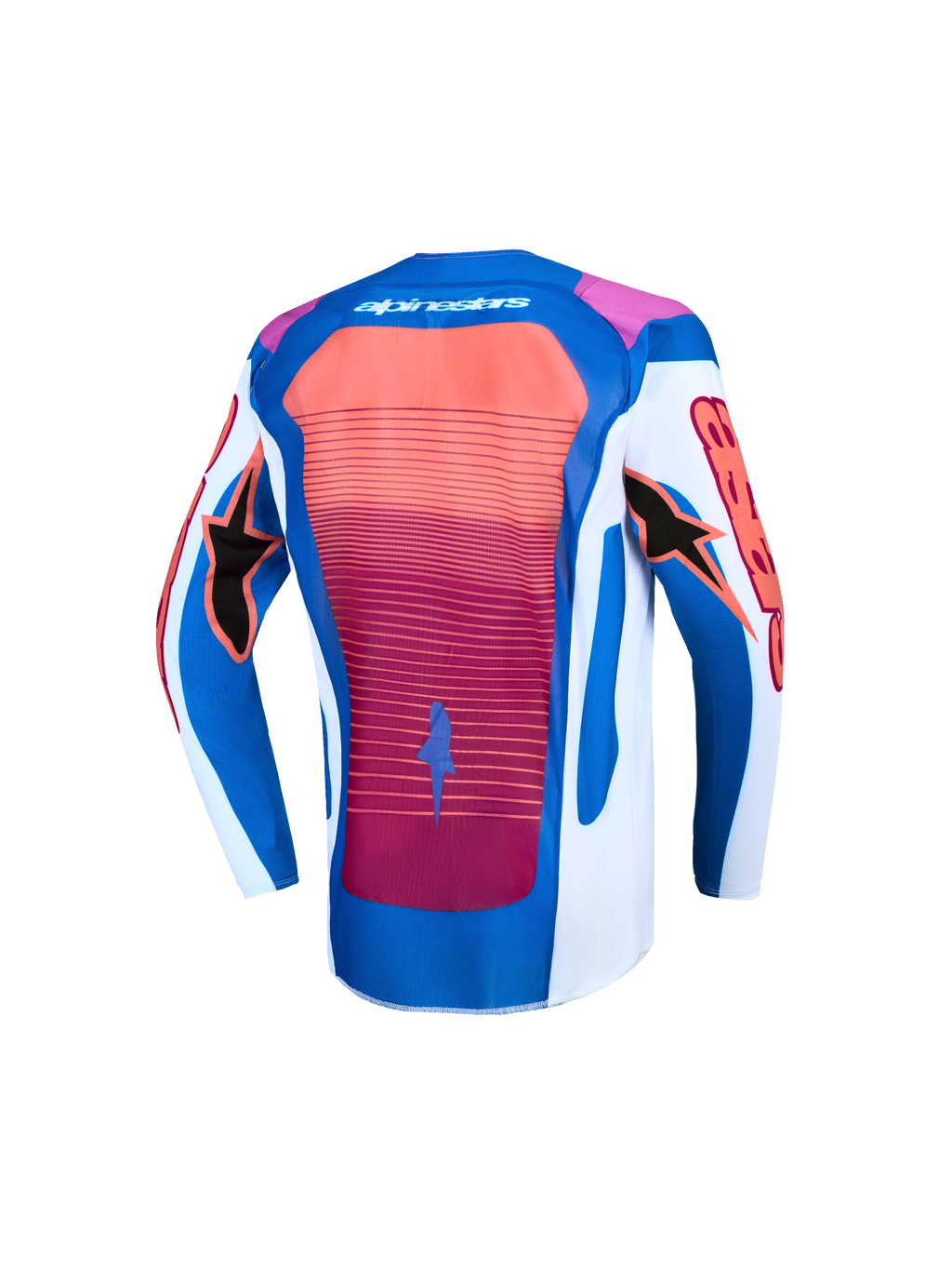Alpinestars Supertech Jugend-Trikot Maven, MX-Trikot in Blau, Weiß und Hot Coral, Rückansicht mit belüftetem Mesh-Rücken.