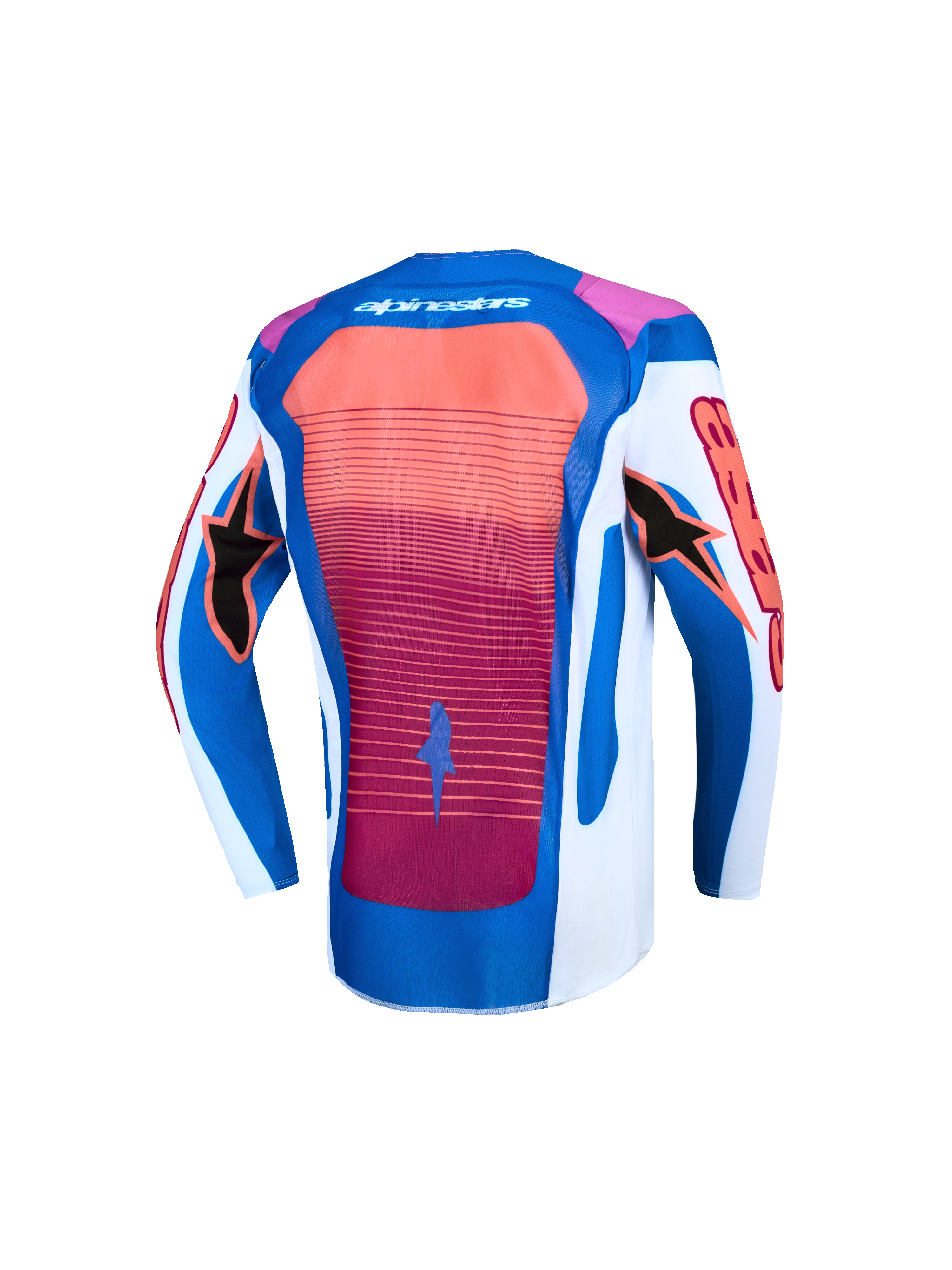 Alpinestars Supertech Jugend-Trikot Maven, MX-Trikot in Blau, Weiß und Hot Coral, Rückansicht mit belüftetem Mesh-Rücken.