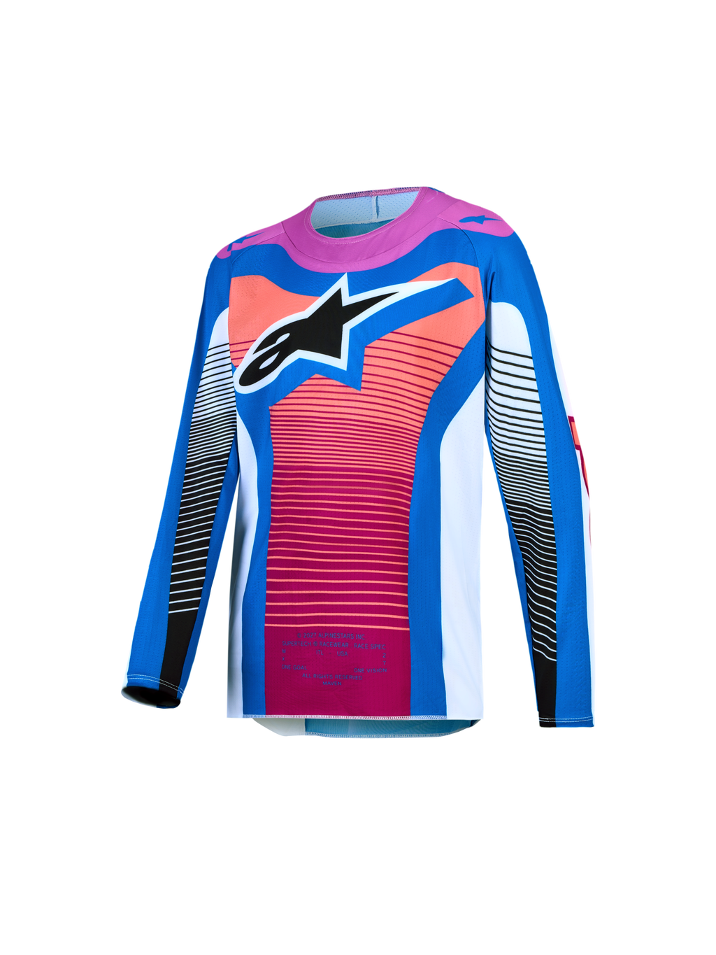 Alpinestars Supertech Jugend-Trikot Maven 2027, Motocross-Renntrikot, Blau und Hot Coral, Stretch-Mesh mit großem Astars-Logo.