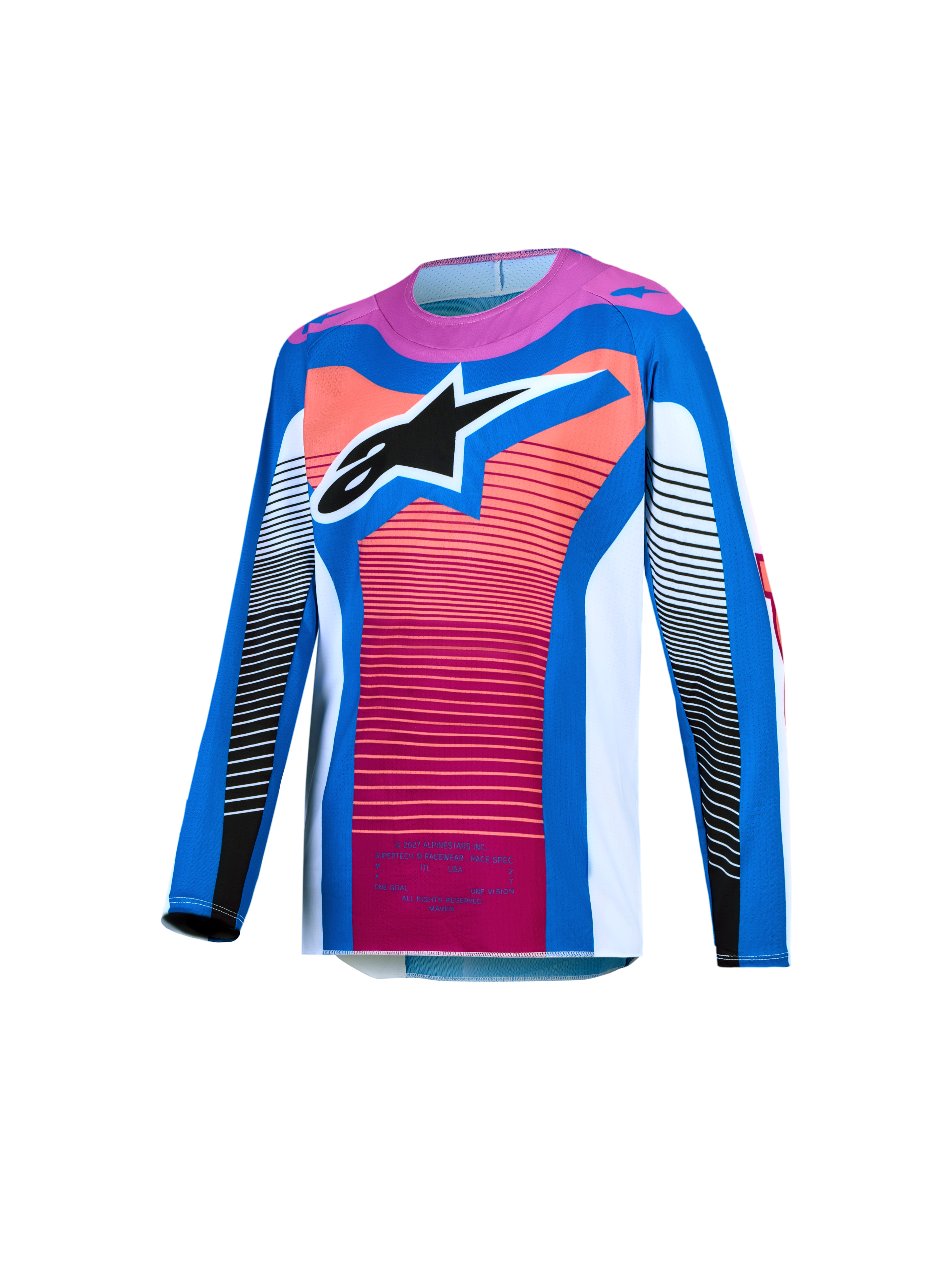 Alpinestars Supertech Jugend-Trikot Maven 2027, Motocross-Renntrikot, Blau und Hot Coral, Stretch-Mesh mit großem Astars-Logo.