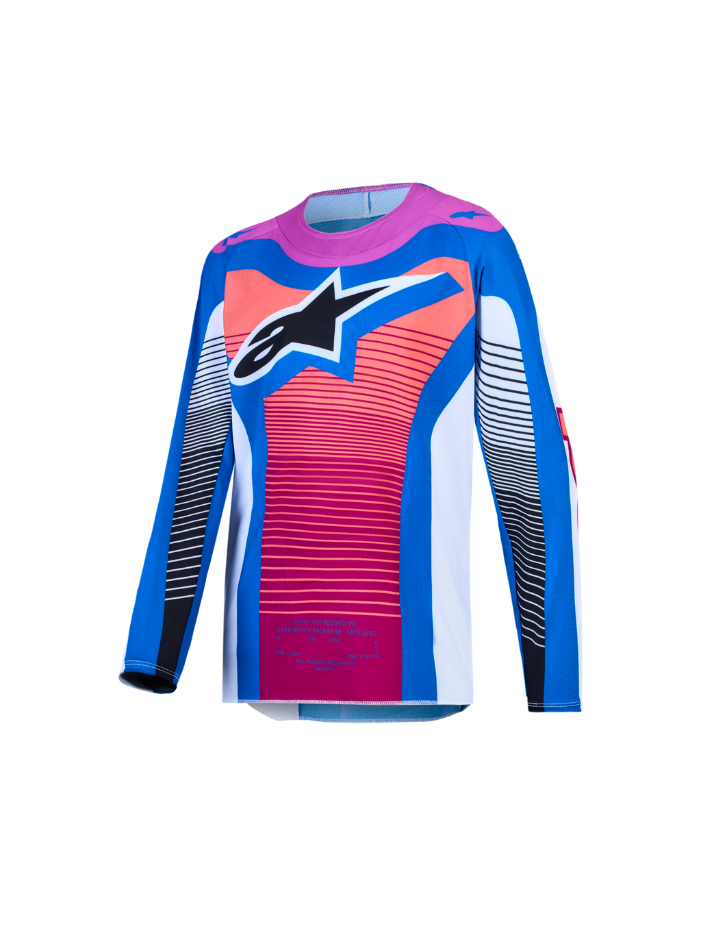 Alpinestars Supertech Jugend-Trikot Maven, Motocross-Rennsport, Blau und Coral, belüftetes Mesh mit schwarzem Stern-Logo.