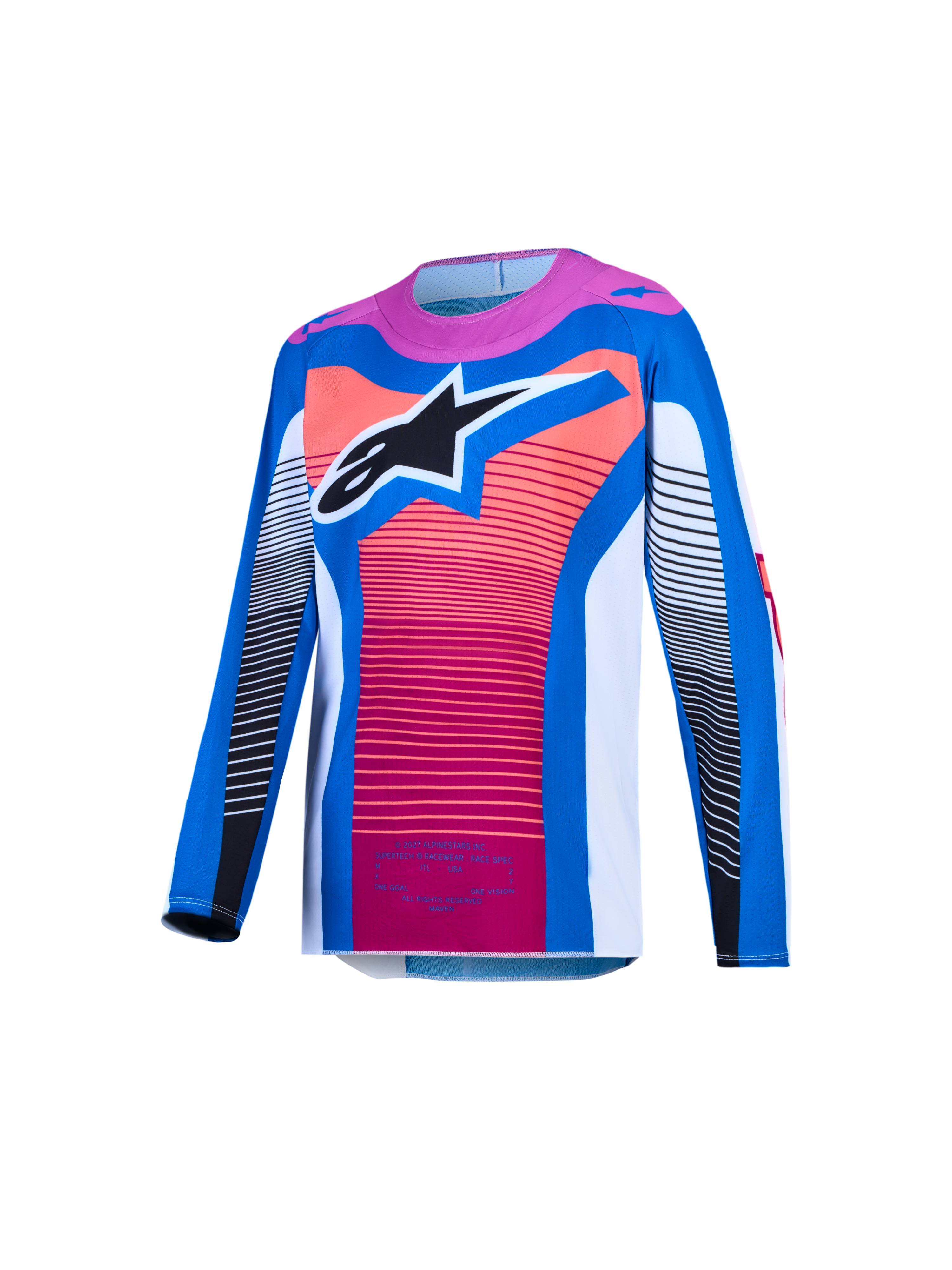 Alpinestars Supertech Jugend-Trikot Maven, Motocross-Rennsport, Blau und Coral, belüftetes Mesh mit schwarzem Stern-Logo.